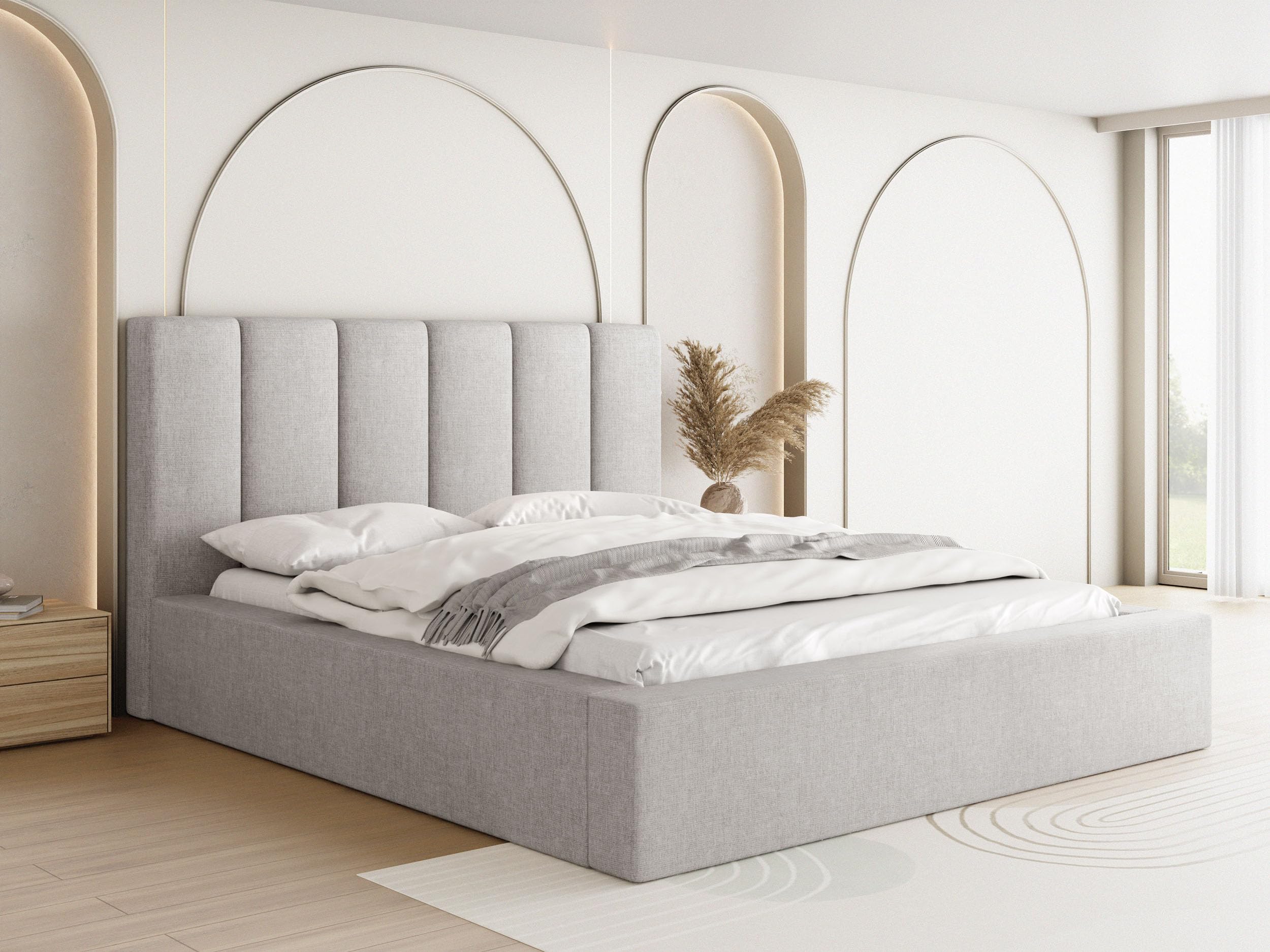WFL GROUP Polsterbett Amira 200x200 cm Mit Bettkasten Und Metall-Lattenrost – Hohes Kopfteil – Hellgrau Chenille – Hergestellt in Polen