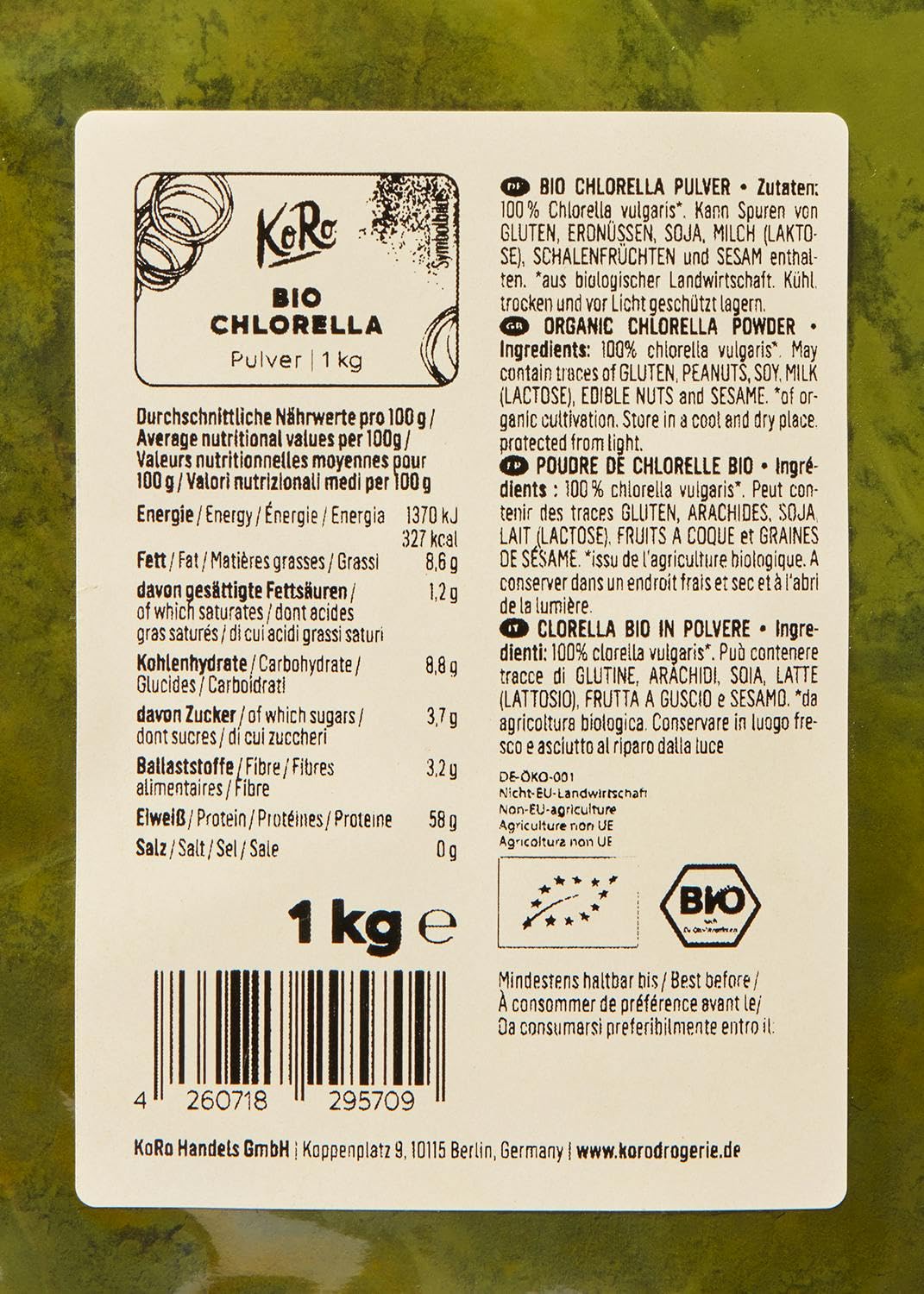 KoRo - Chlorella bio en poudre 1 kg - 100 % chlorella - Vegan - Riche en protéines