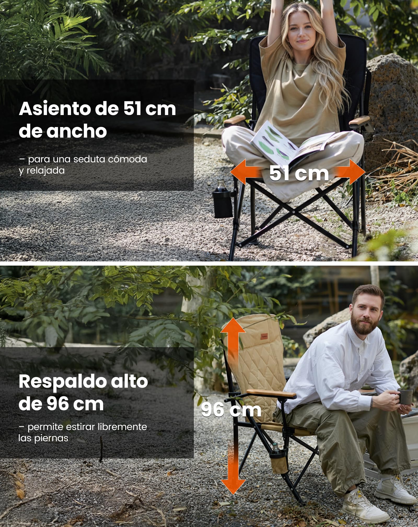 KingCamp Silla de Camping Plegable 136kg, Respaldo Alto, Acolchada | XXL Silla Plegable, con Brazos de Madera, Doble Acolchado, Portavasos, Bolsa de Transporte, para Camping, Jardín y Pesca.