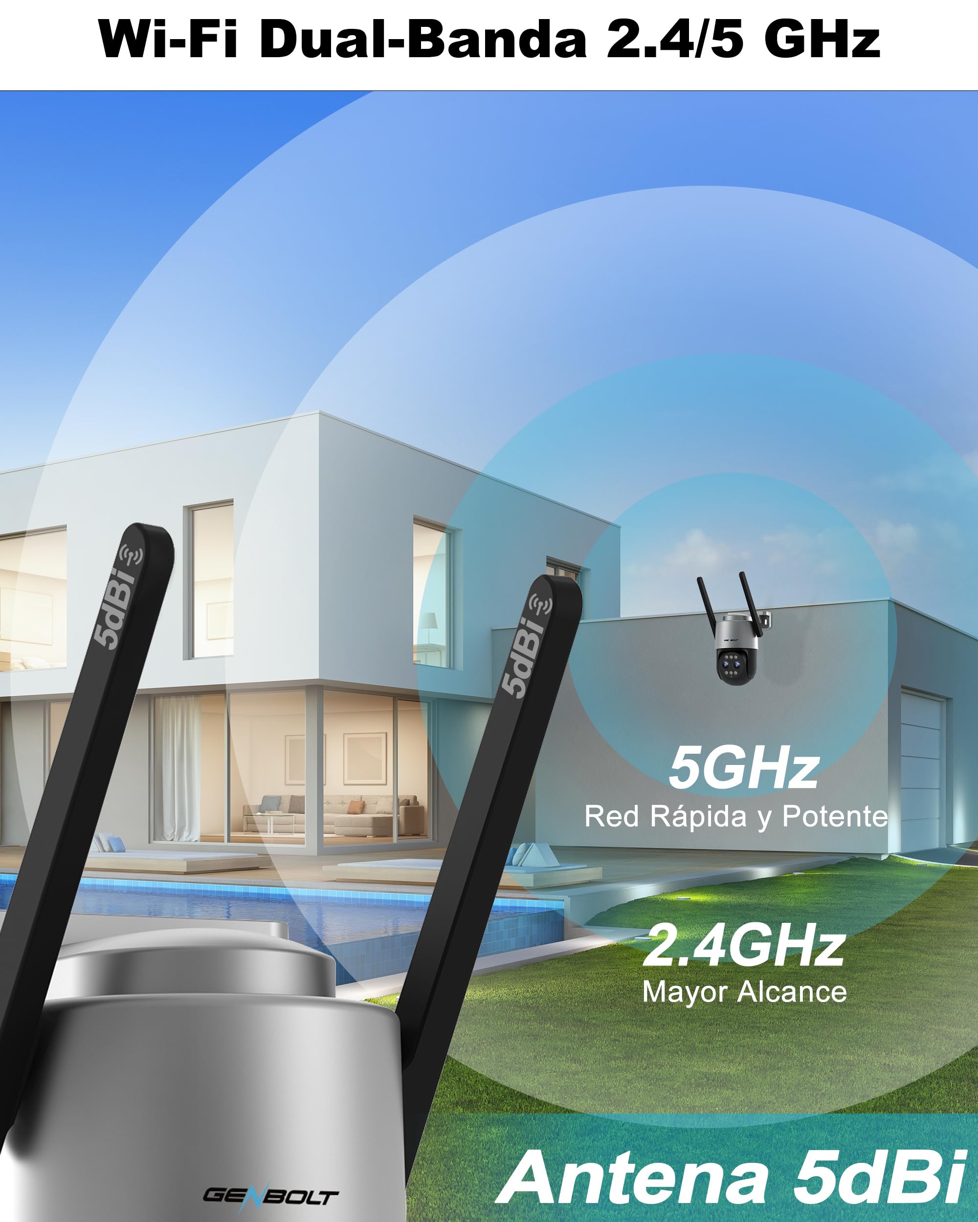 GENBOLT 2.5K PTZ WiFi Cámara Vigilancia Exteriores con PoE,Doble Lente 4MP IP Cámara Seguridad Exterior 10X Zoom Híbrido,Color Nocturno,Seguimiento Automático y Detección de Humanoides(2.4&5GHz) | Zoom híbrido 10X, grabación 24/7, CC y POE, cámara PTZ, no