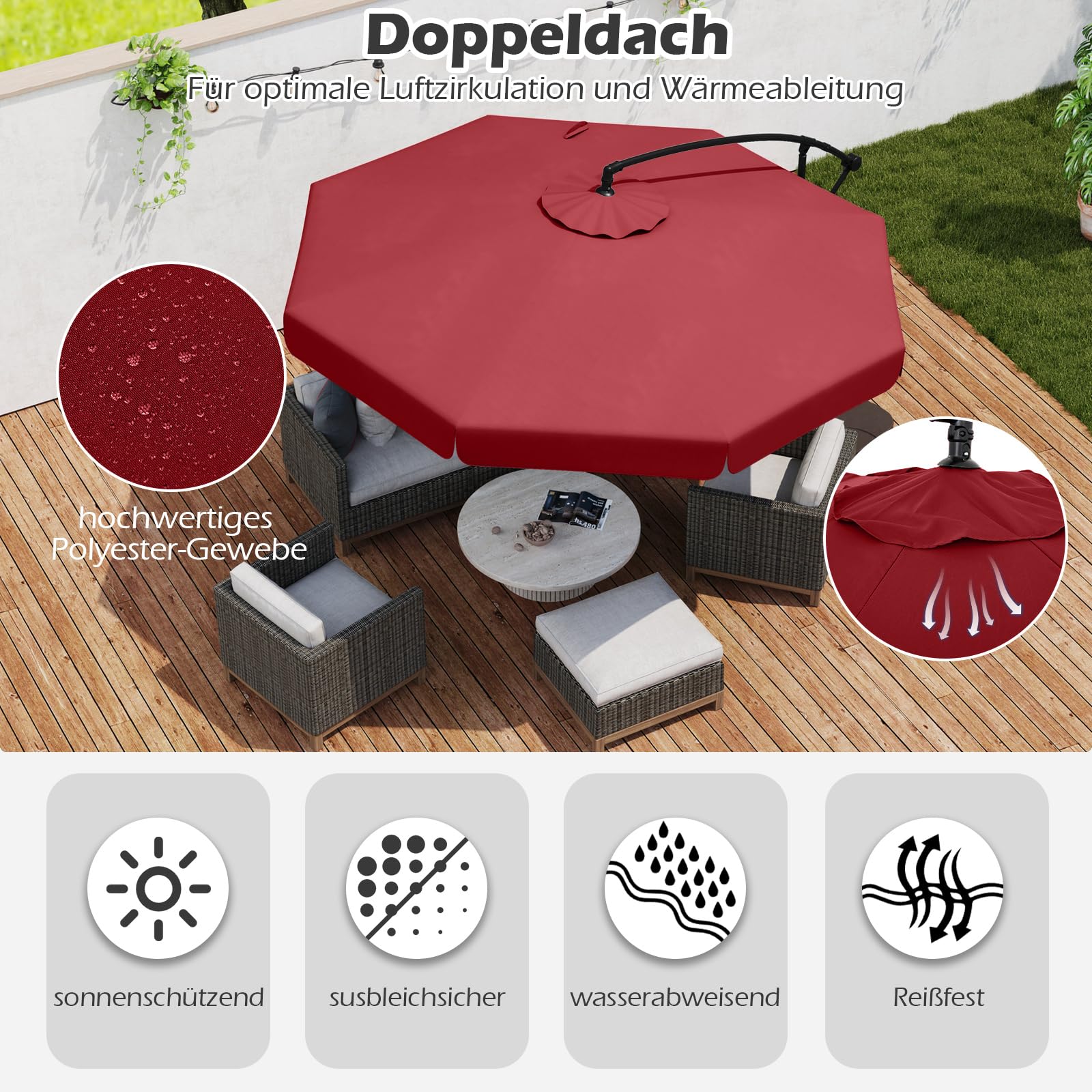 COSTWAY Sonnenschirm 300 cm, inkl. Schutzhülle, Ampelschirm mit Kurbel und Volant, Neigungswinkel verstellbar, Gartenschirm, Marktschirm, Terrassenschirm für Garten, Pool, Terrasse (Rot)