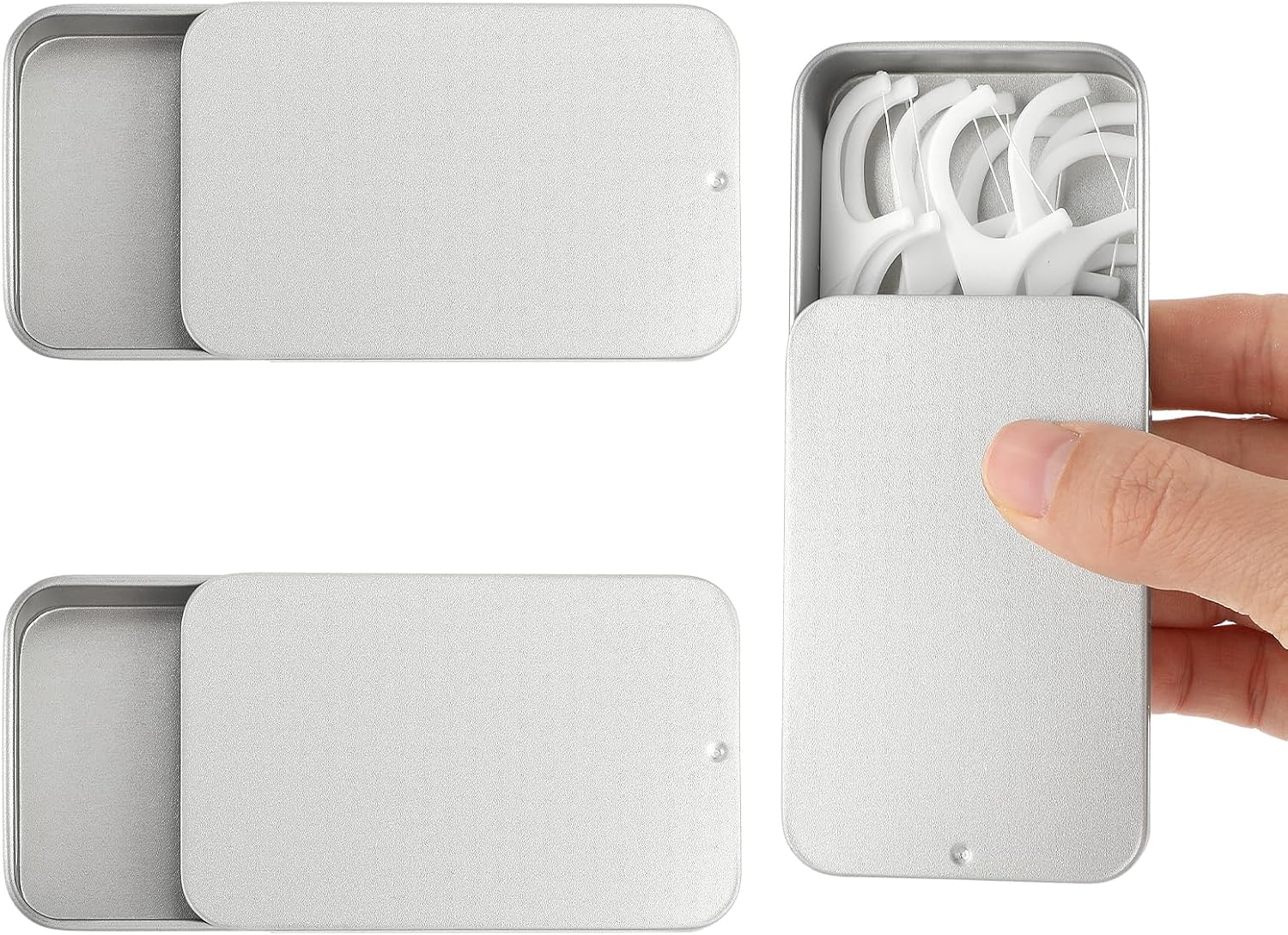 Qianyu 2 Pcs Portable Dental Floss Case Sliding Dental Pick Dispenser Box Metal Compact Glide Flosser Organizer Refillable Floss Holder for Oral Care Travel Hotel Dinners Dating Teeth Cleaning(Silver)