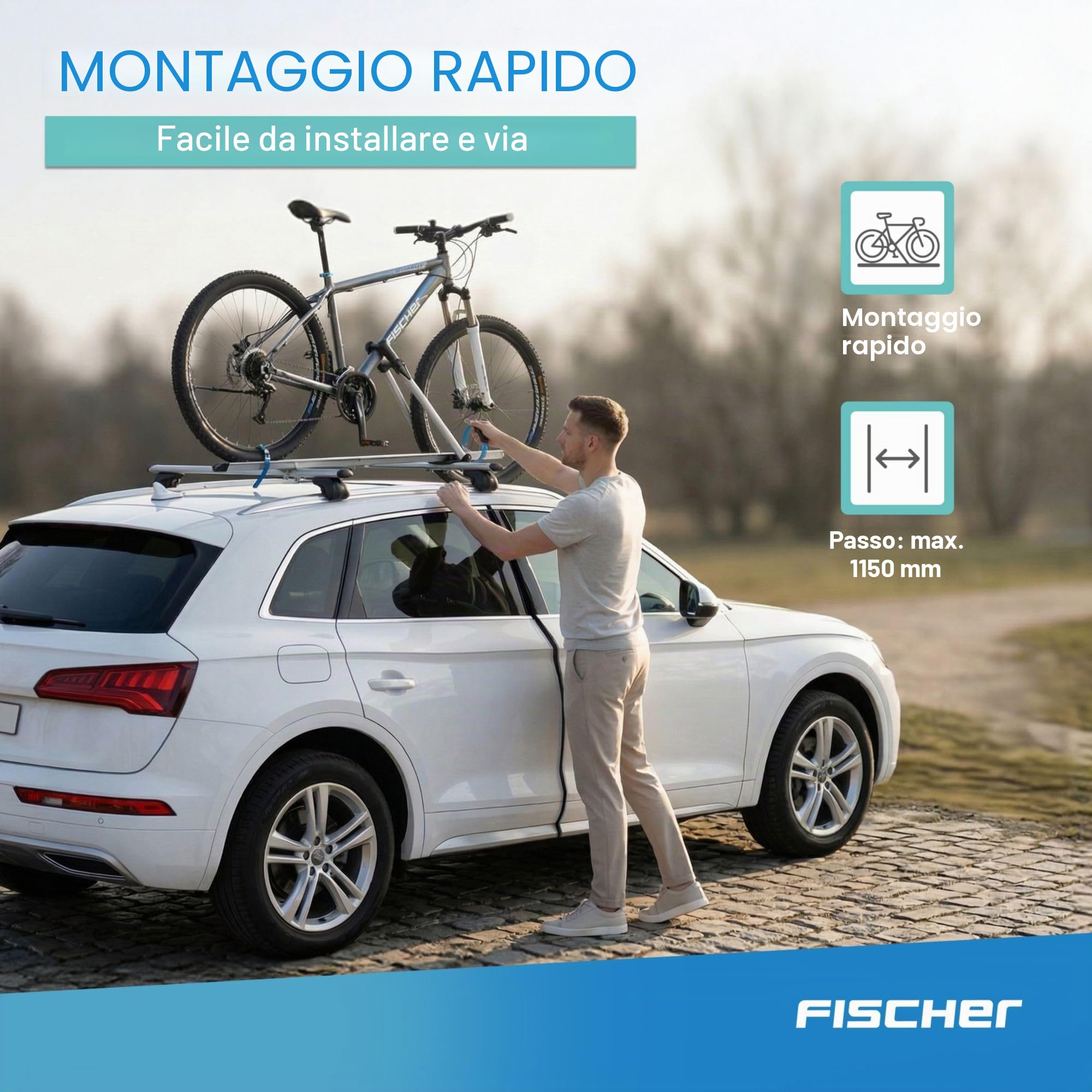 FISCHER, portabici da tetto per auto, testato TÜV GS, adatto per una bicicletta, carico fino a 15 kg, con serratura, argento