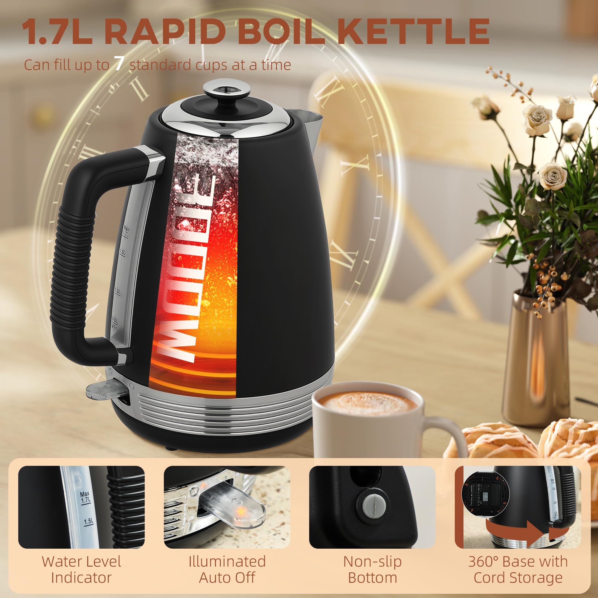 Hervidor Eléctrico de Acero Inoxidable Y Juego de Tostadora de 4 Rebanadas con Ebullición Rápida Y Dorado Ajustable para Cocina Moderna