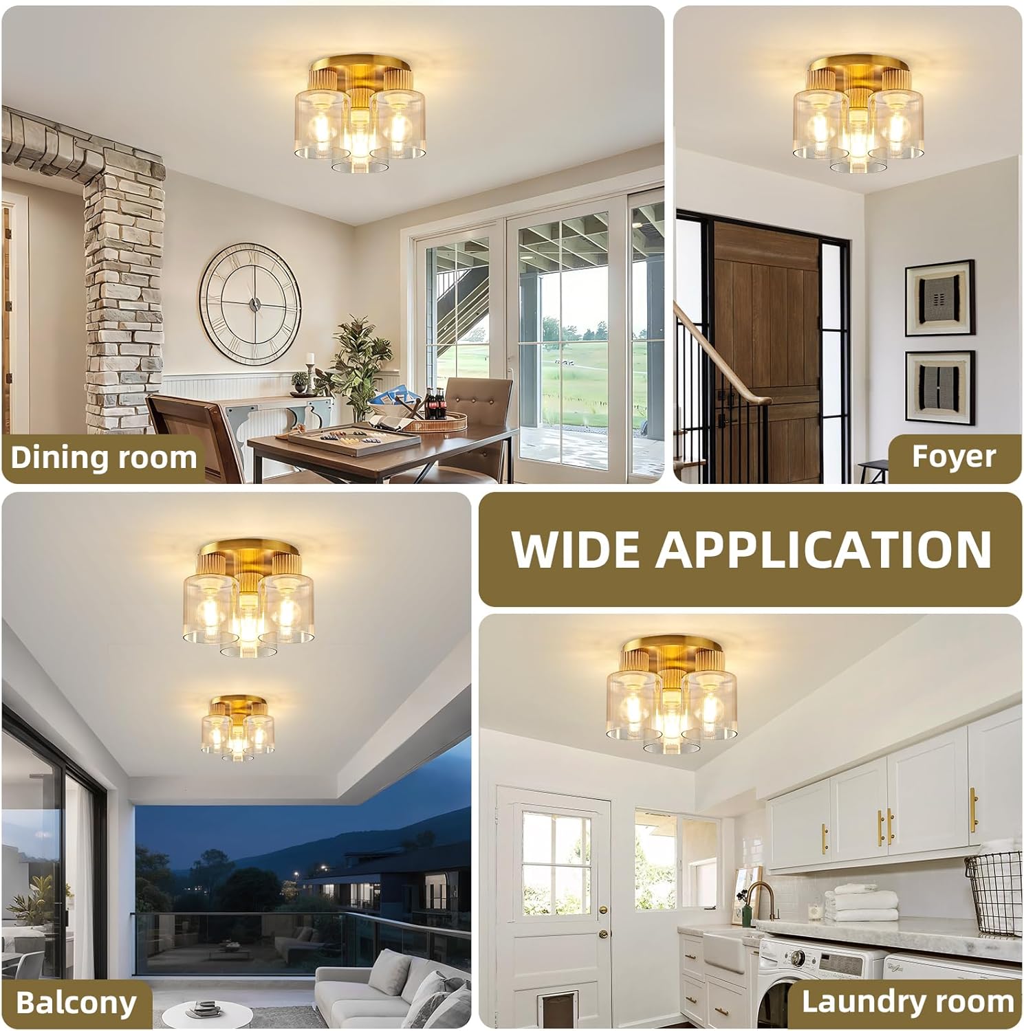 3-Lights Semi Flush Mount Ceiling Light Fixture, Gold Modern Close to Ceiling Light for Kitchen, Foyer, Entryway, Hallway, Dining Room, Amber Gradient Glass Shade with Solid Wood