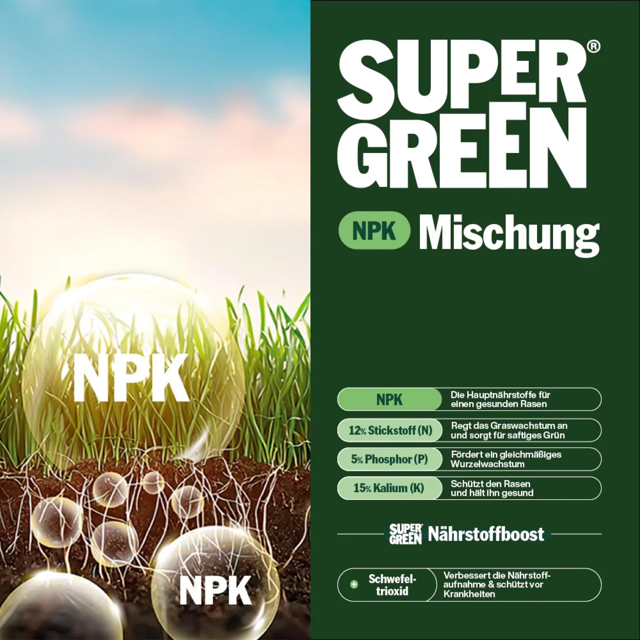 SUPERGREEN Sommer-Rasendünger Langzeitformel 10kg NPK 12-5-15 Granulat 2-5 mm