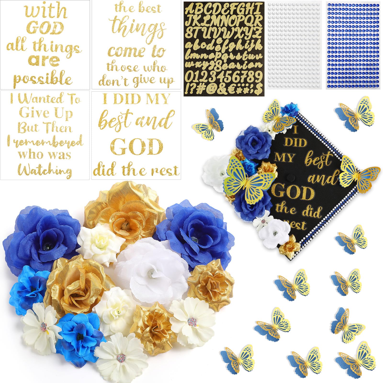 Solsew 35 Pcs DIY Graduation Cap Decorations Kit, Include Faux Flower 3D Butterfly Graduation Quote Glitter Sticker Pearl Rhinestone for Grad Hat