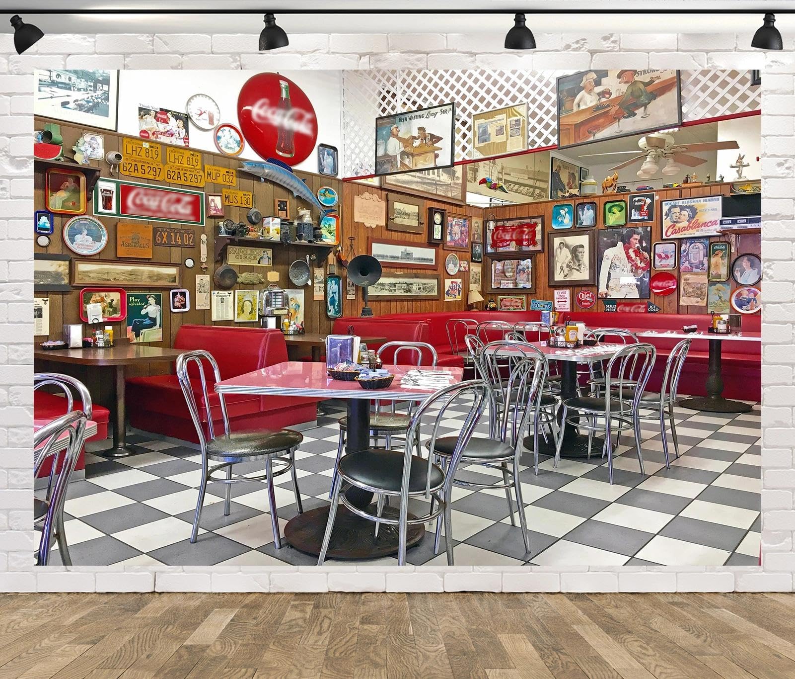 BELECO 9x6ft Fabric Retro Restaurant Backdrop Classic 50s Soda Shop Meal Time Local Diner with Wall of American Memorabilia Dinner Time Background for