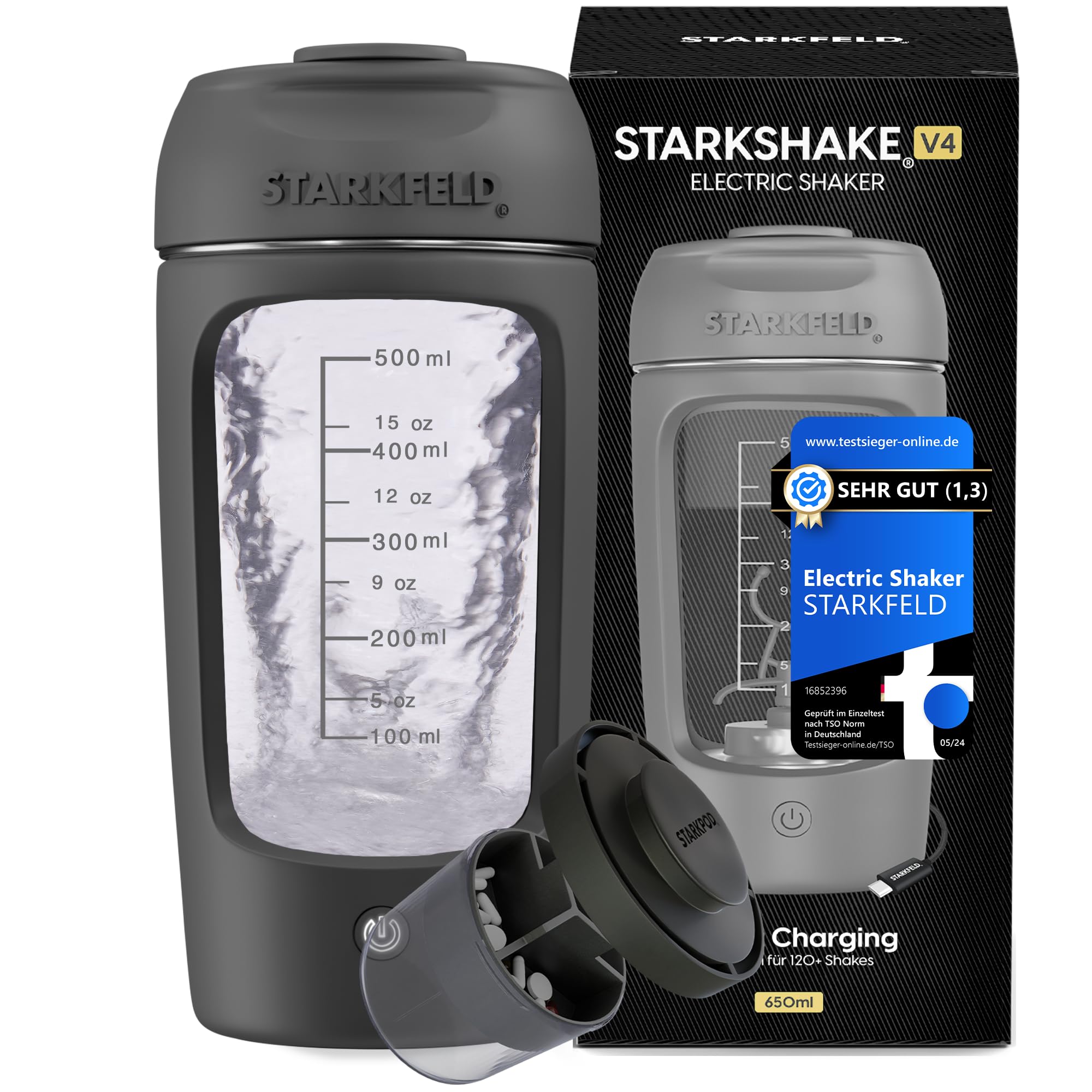 STARKSHAKE V4 – Excelente coctelera eléctrica de la editorial F.A.Z (2025) | Coctelera eléctrica de proteínas para batidos cremosos de proteínas | 8000 UPM | USB-C | 120+ batidos | Incluye Starkpod |