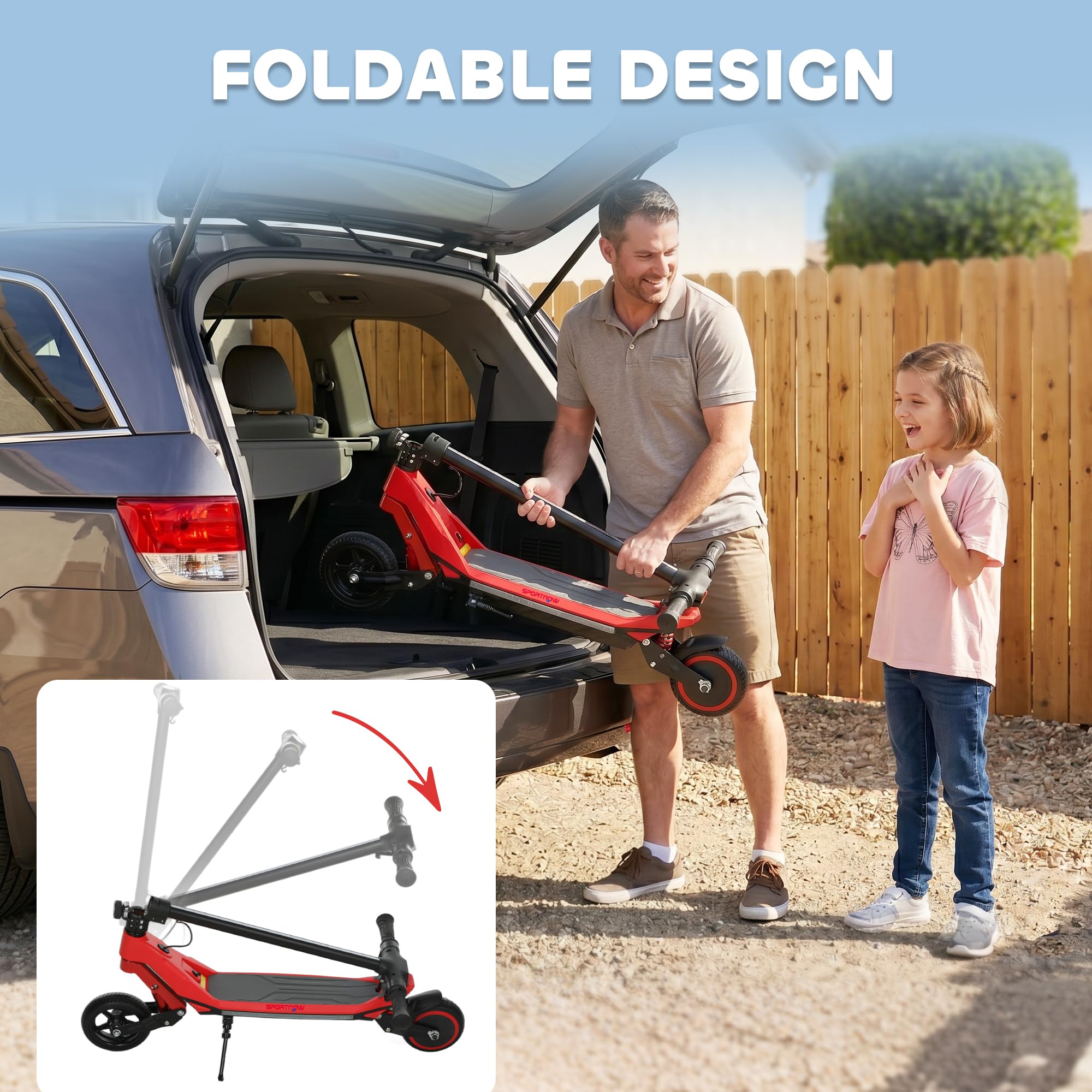 SPORTNOW Patinete eléctrico para niños, doble suspensión, plegable, de 6 a 14 años, color rojo | Pantalla LED, luces RGB, hasta 16 km/h, alcance de 12 km, ruedas sólidas de 6.5 pulgadas, kick-to-start, para niños y niñas