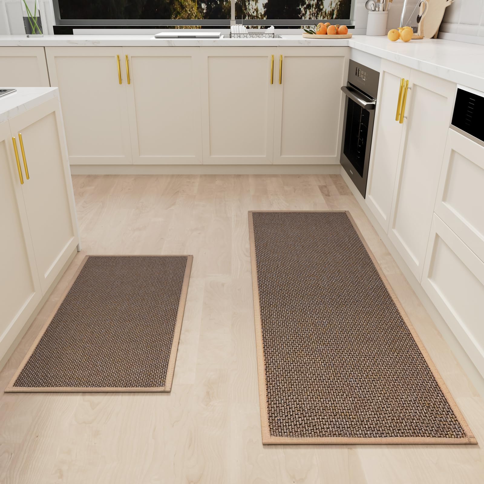 SUMLANS Kitchen Mat Set of 2 PCS, Rubber Backing Cushioned Non Slip Kitchen Rugs for Floor, Absorbent Runner Comfort Standing Mats Washable for Kitchen, Office, Home, 17.3"x47"+17.3"x30" (Brown)