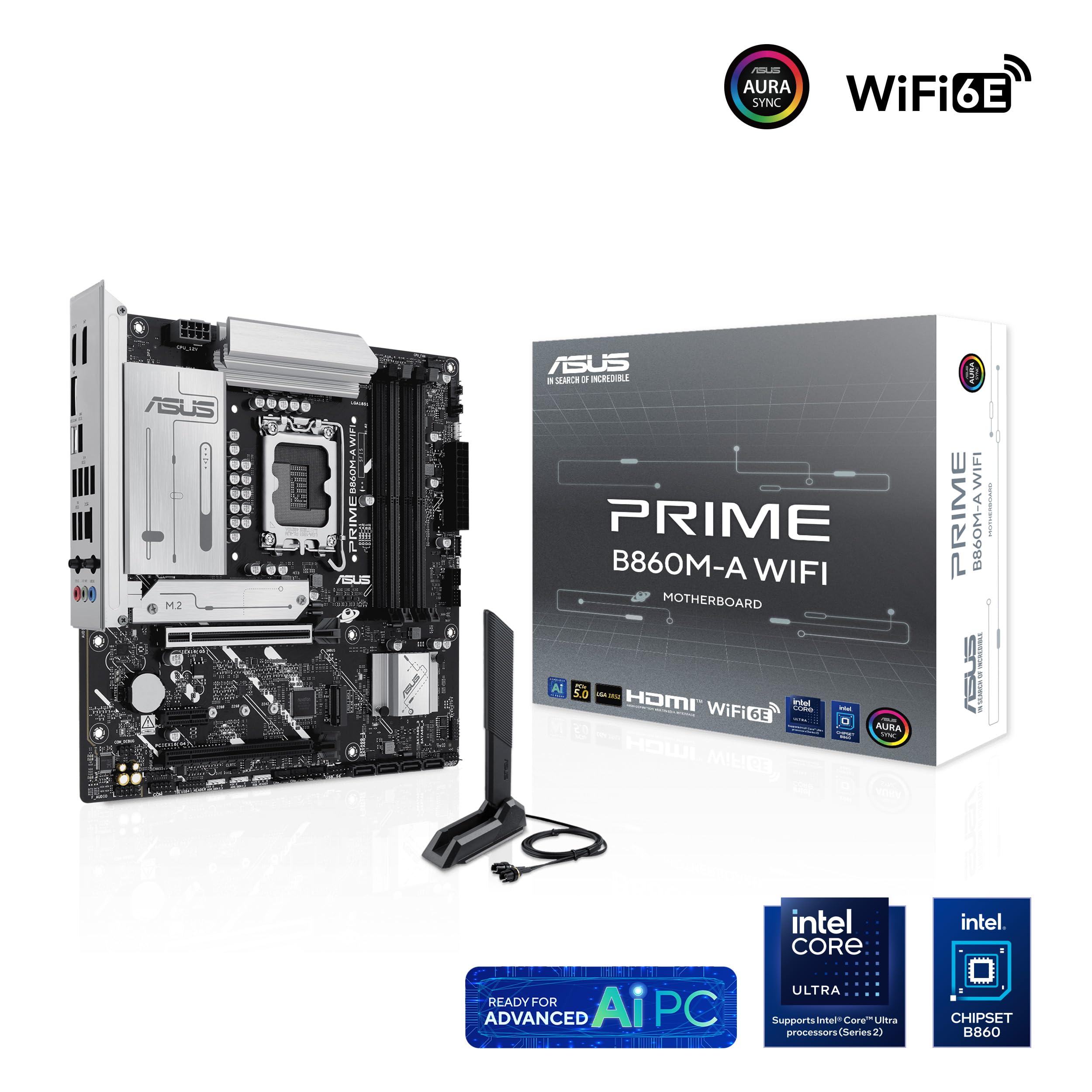 ASUS Prime B860M-A WiFi, Placa Base Intel mATX, 7+1+1+1 80A etapas de alimentación DrMOS, DDR5, PCIe 5.0, 2 Ranuras M.2, Wi-Fi 6E, Realtek 2.5Gb Ethernet, Doble DisplayPort, HDMI, USB Tipo-C