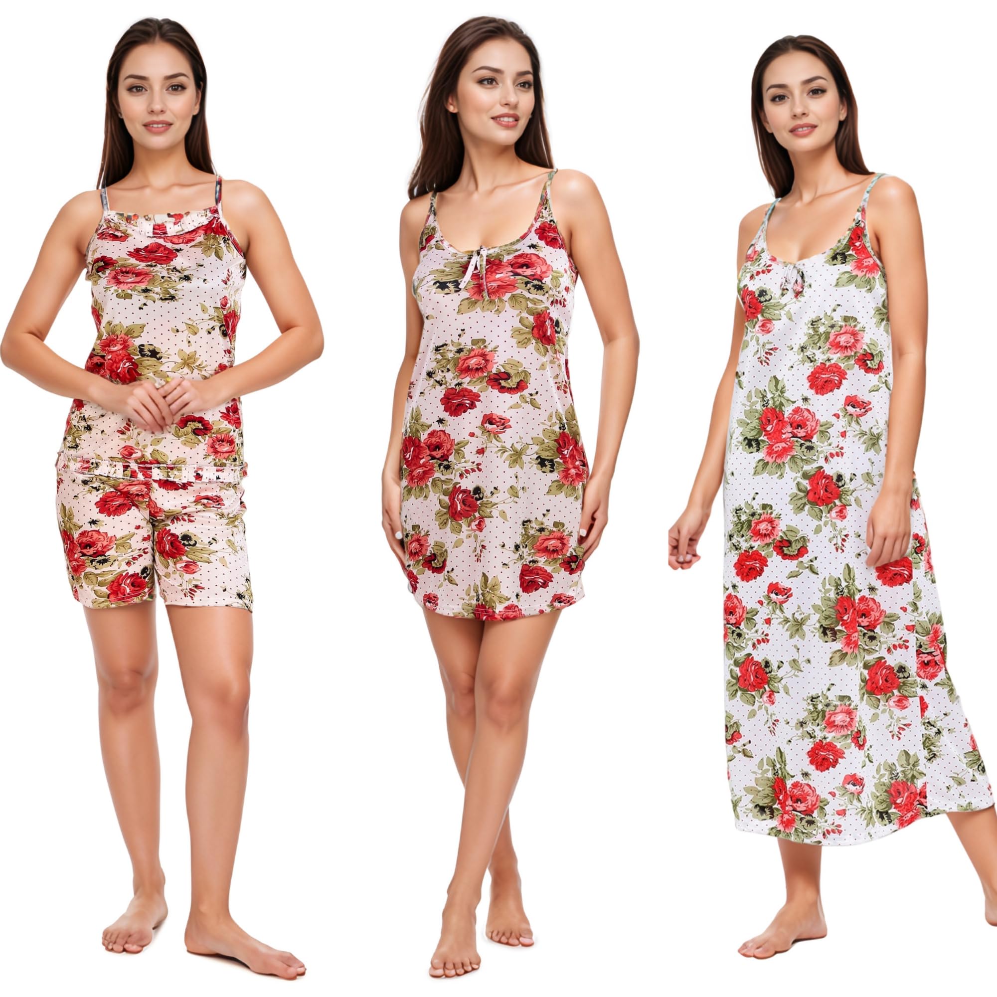 Women's Satin Nightwear Combo – Long Nightdress, Short Nighty & Top with Shorts | 3-Piece Nightwear Set-picture-24