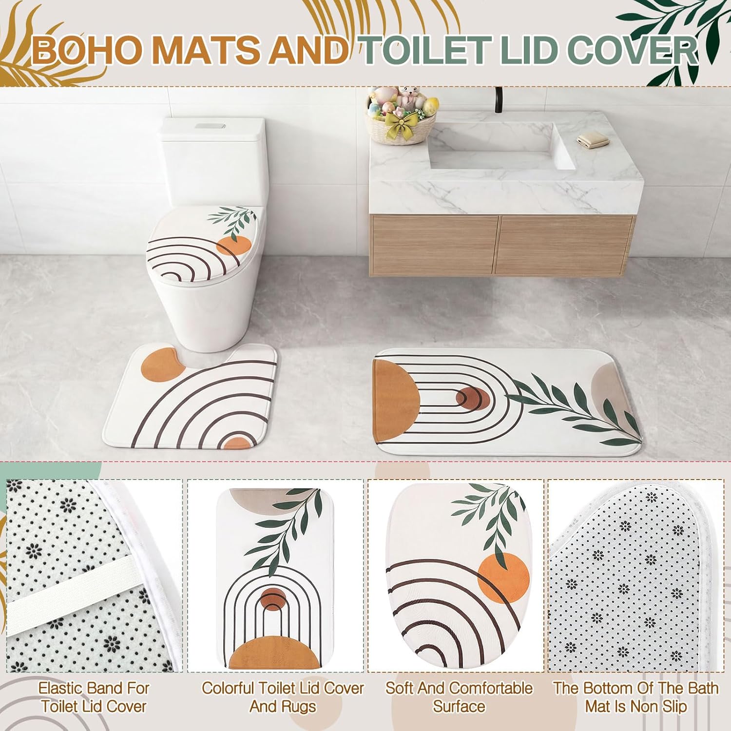 Haull 7 Pcs Boho Abstract Shower Curtain Bathroom Set Modern Botanical Non Slip Rug Toilet Lid Cover Bath Mat Towels Decor with 12 Hooks Waterproof Shower Curtain for Neutral Earth Tone Bathroom Decor