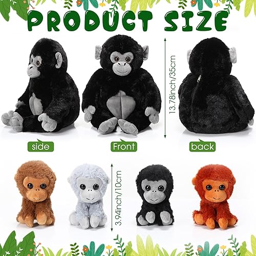 Miniatura 2 de Lenwen Juego de 5 animales de peluche de gorila de peluche de 14 pulgadas grande con 4 lindos gorilas bebé suaves con cremallera para niños y niñas,