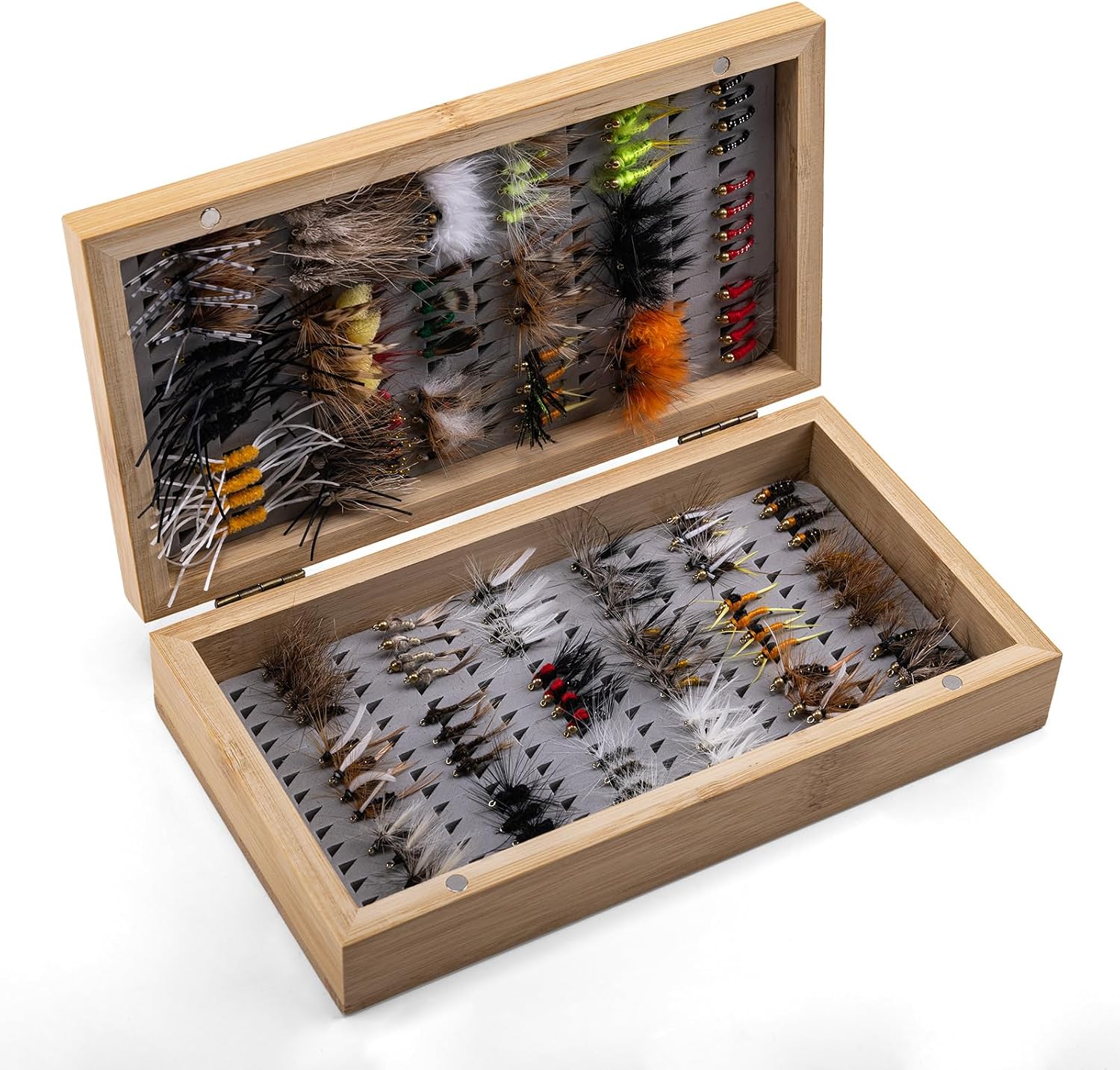 Goture Fly Fishing Flies Kit, 54pcs Dry Wet Flies Streamers Nymphs with Wooden Fly Box, Bass Trout Steelhead Salmon Lures Set Assortment Kit, Gifts for Men