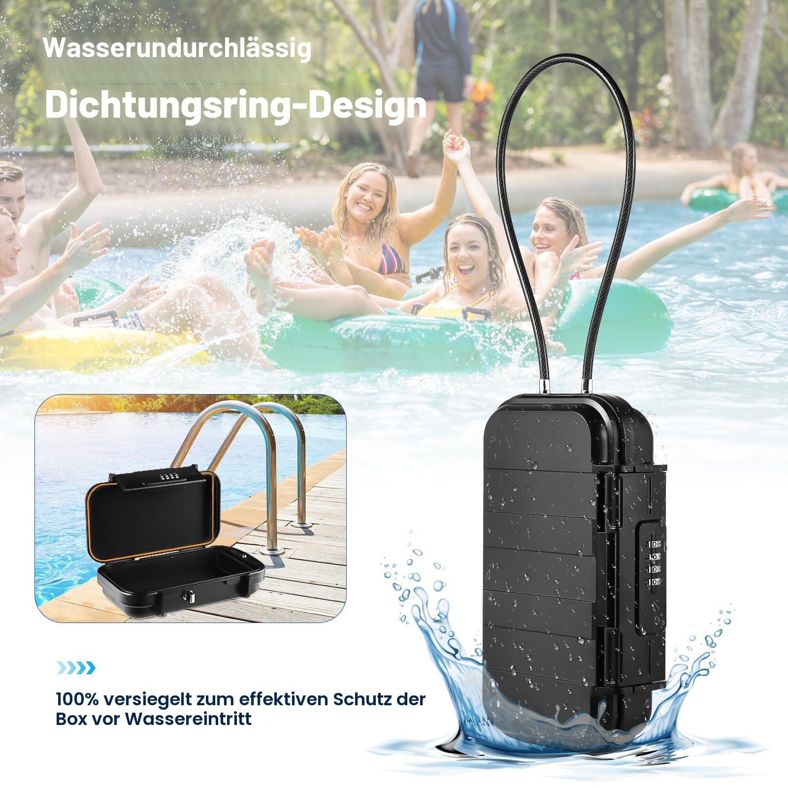 Tragbarer Safe mit Code, [Wasserdicht Anti-Diebstahl] Reisesafe Kombinations sicherheitskoffer Schlossbox mit abnehmbarem Drahtseil, für Strand, Hotel, Büro, Urlaub (schwarz)