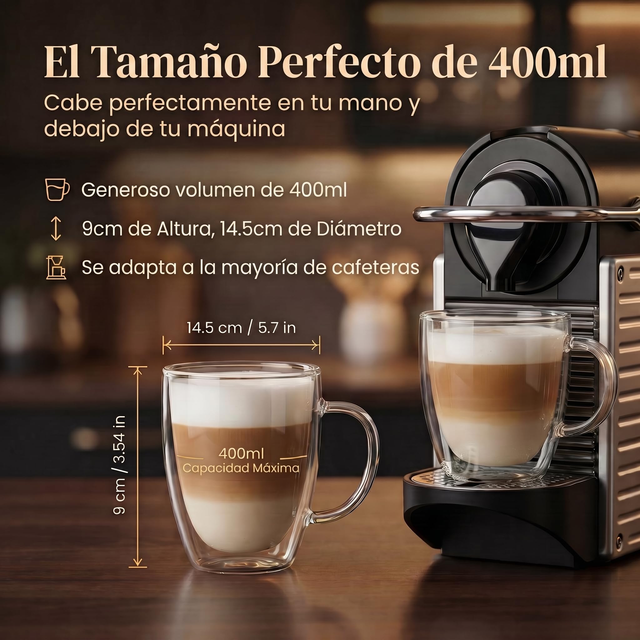 Dimono® Vasos de Doble Pared con Asa, 450 ml – Set de 6 | Vidrio borosilicato soplado a mano – efecto flotante – apto lavavajillas – ideal latte, cócteles y agua