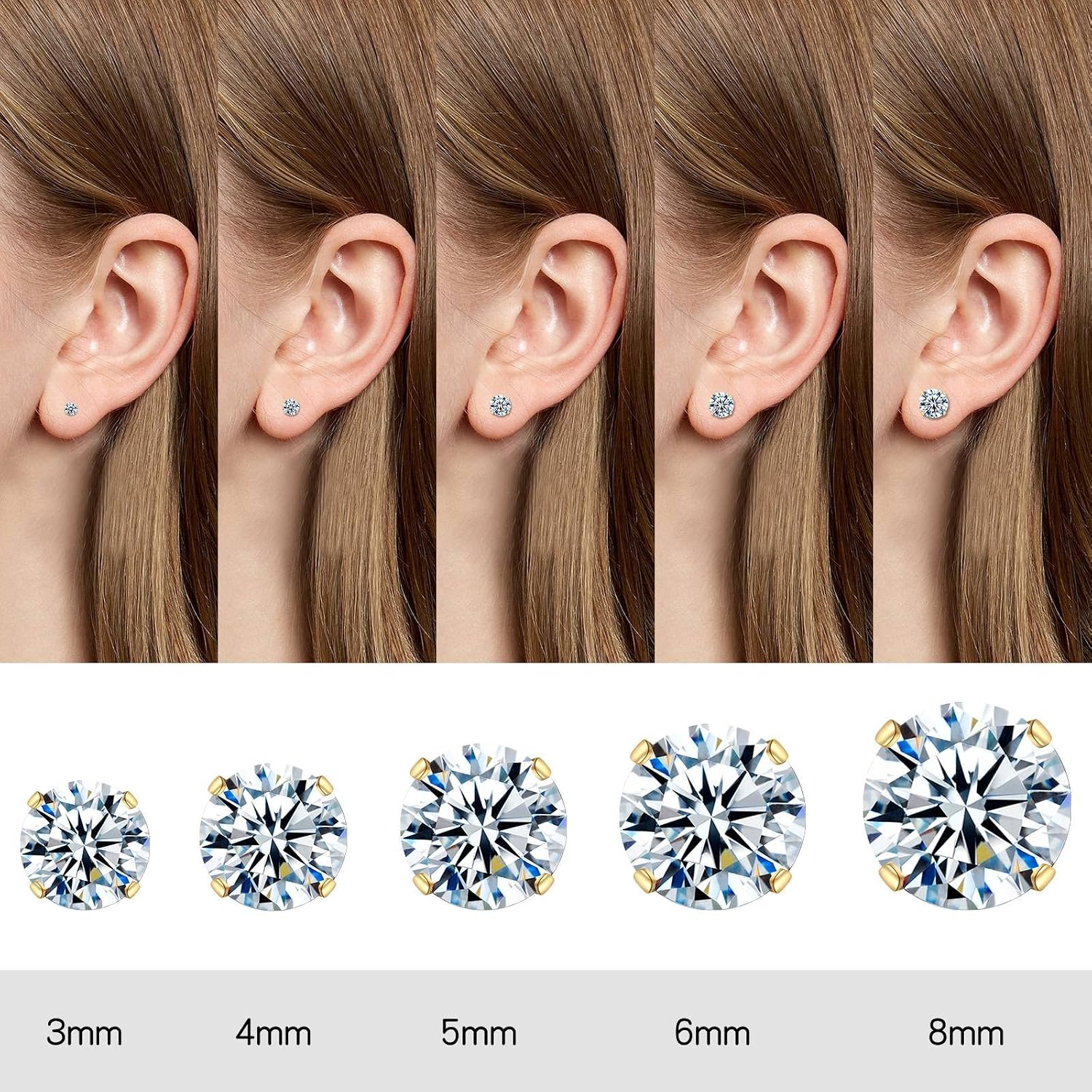 10 Pairs Surgical Steel Stud Earrings Set,14K Gold Plated Hypoallergenic Earrings Studs Set for Women, Stainless Steel Cubic Zirconia Waterproof Non Tarnish