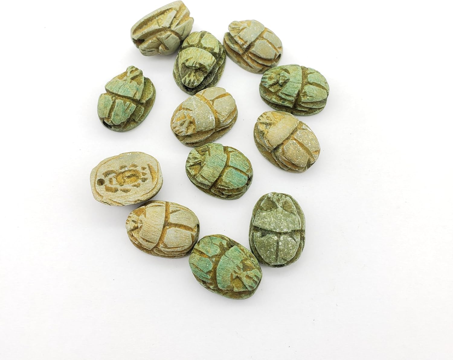 Made in Egypt - Hand Carved Fine Scarab Beads - .5" - Blue/Green - Set of 12 - Ancient Egyptian Collectible