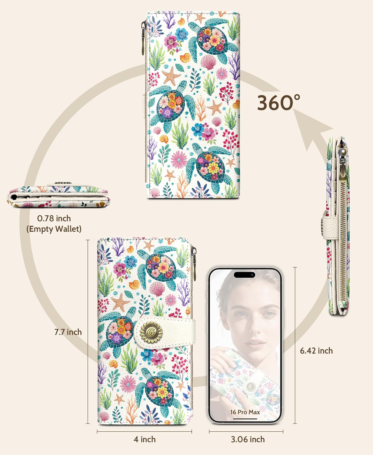 GIANCOMICS Sea Turtle Womens Wallet RFID Blocking, Credit Card Holder Bifold, PU Leather Travel Billfold, Long Cute Cash Purse, Zipper Coin Pocket Clutch, 1 ID Window, 11 Card Slot, Ladies Gift Woman - Image 5