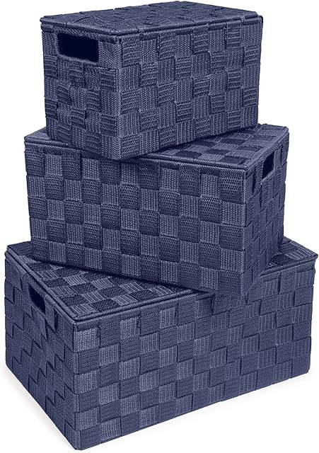 EHC Multipurpose Set of 3 Woven Storage Hamper Basket With Lid, Navy Blue Ideal For Home/Office & Gifts Hamper