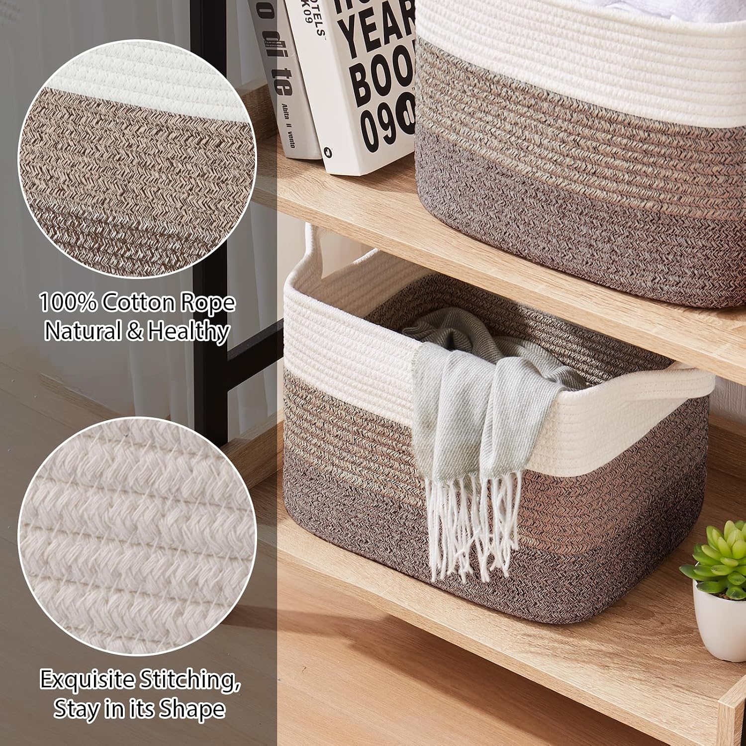 OIASKET Storage Baskets for Organizing, Woven Baskets for Shelves, Rectangle Decorative Organizer for Storage Clothes, Toy, Books, Towels Nursery Bins 3 Pack (Gradient Dark Brown, 13"x9.85"x8.7")