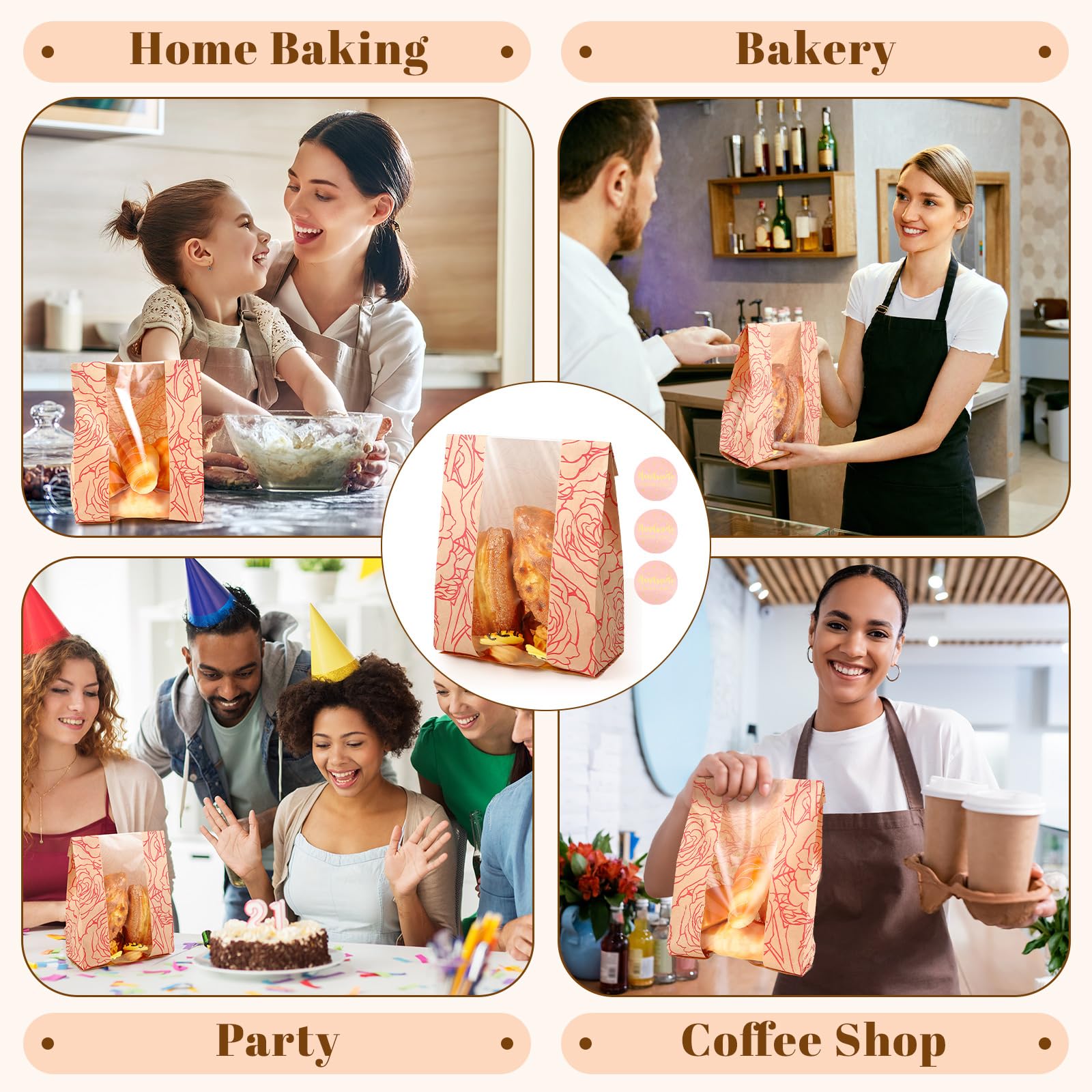 Paquete de 100 bolsas de pan a granel para pan casero, bolsas de pan kraft de masa madre con 500 calcomanías de amor, bolsas de papel grandes con ventana transparente para almacenamiento de