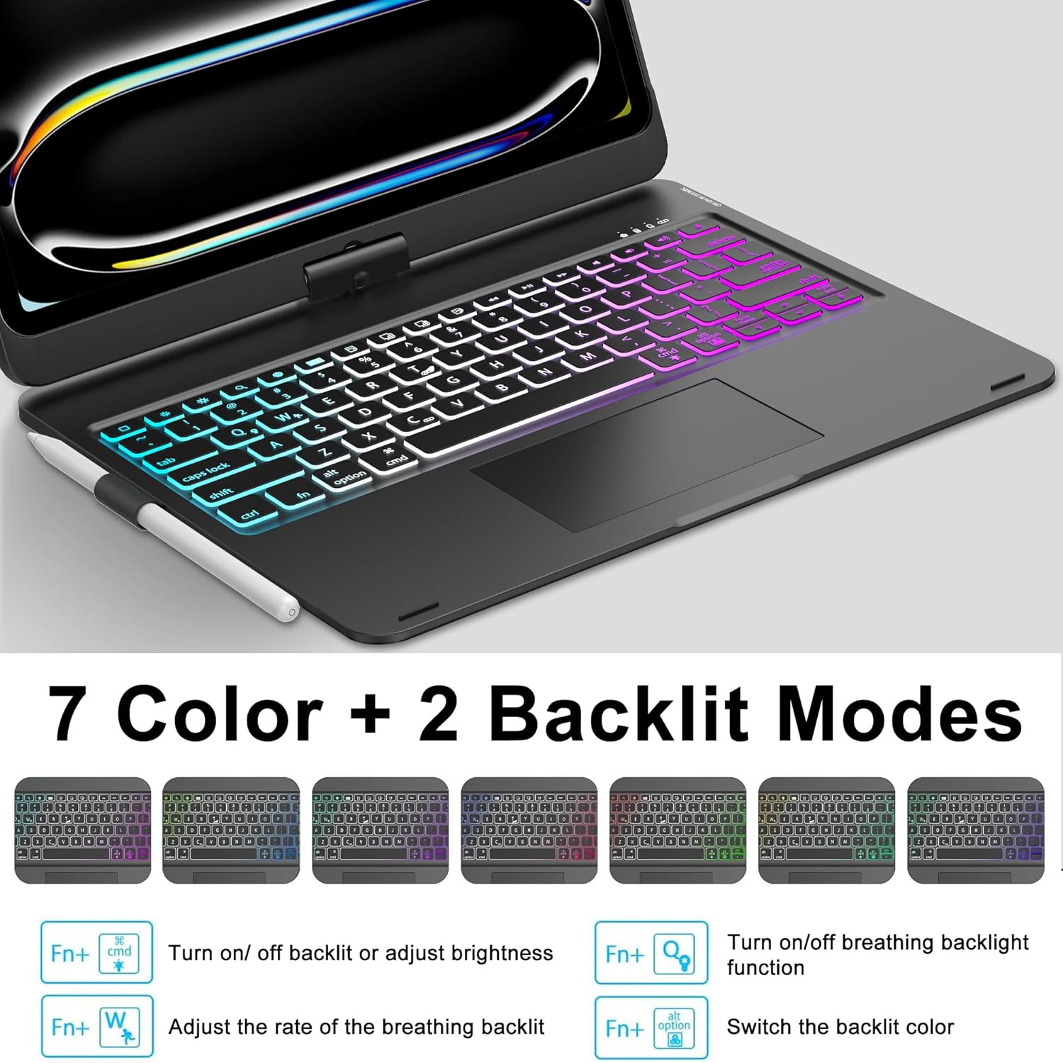Keyboard Case for iPad Pro 13-inch (M4, 2024), Trackpad, 360° Rotatable, Bluetooth Keyboard Cover, 7 Colors Backlit with Pencil Holder for iPad Pro 13 (SM-A2925/A2926/A3007), Auto Sleep/Wake, Black