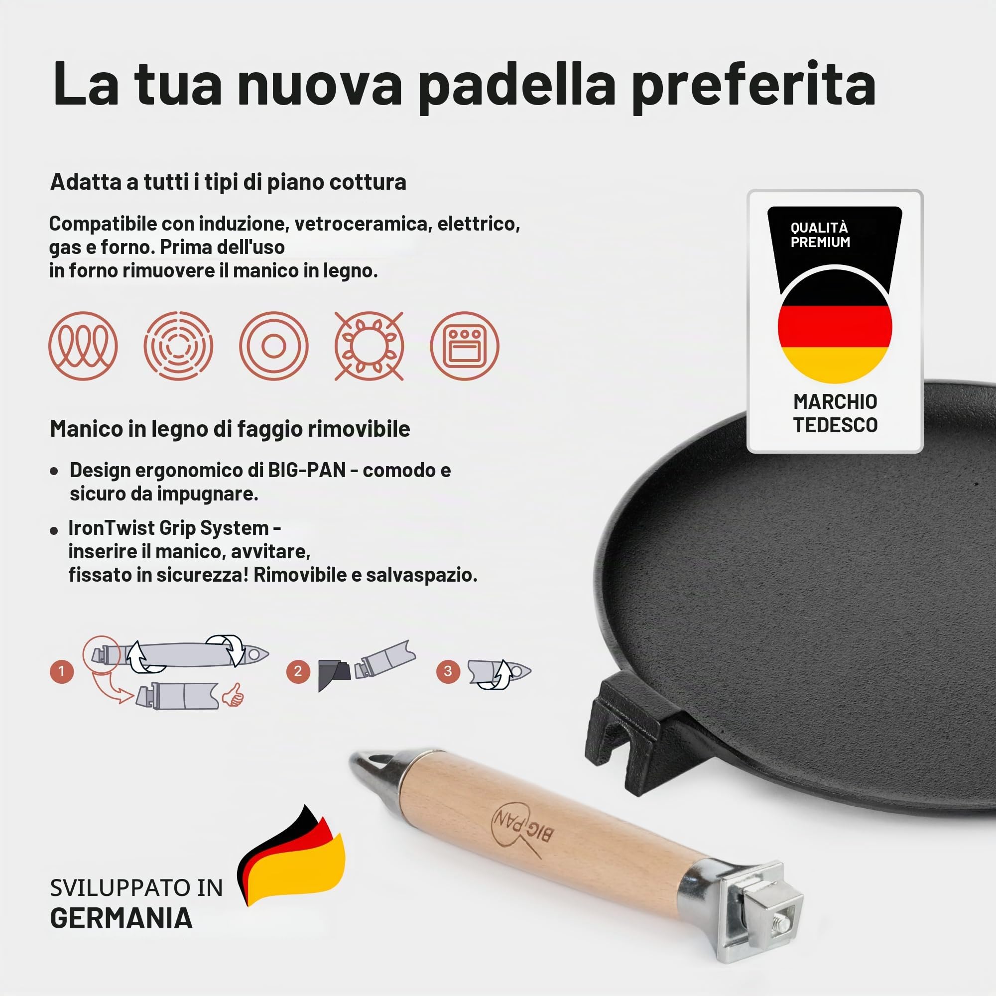 4BIG.fun Padella per pancake, Ø 24 cm, in ghisa per crepes/frittelle, padella per omlette, padella per frittelle, padella per crêpes, padella per crepe per tutti i piani cottura, con induzione