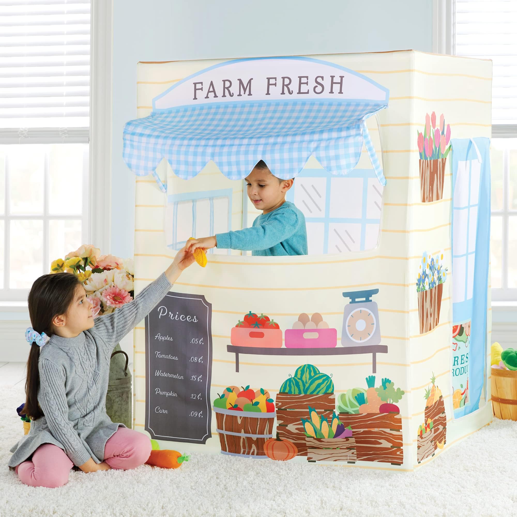 Martha Stewart Kids' Farmer's Market Play Tent - Large Indoor Playhouse for Pretend Play in Classroom or Home