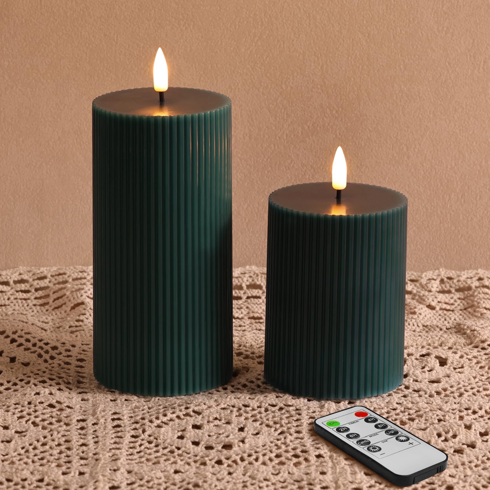 Eywamage Green Ribbed Flameless Pillar Candles with Remote, Flickering Real Wax Battery LED Candles Home Decor Set of 2 โ image 1