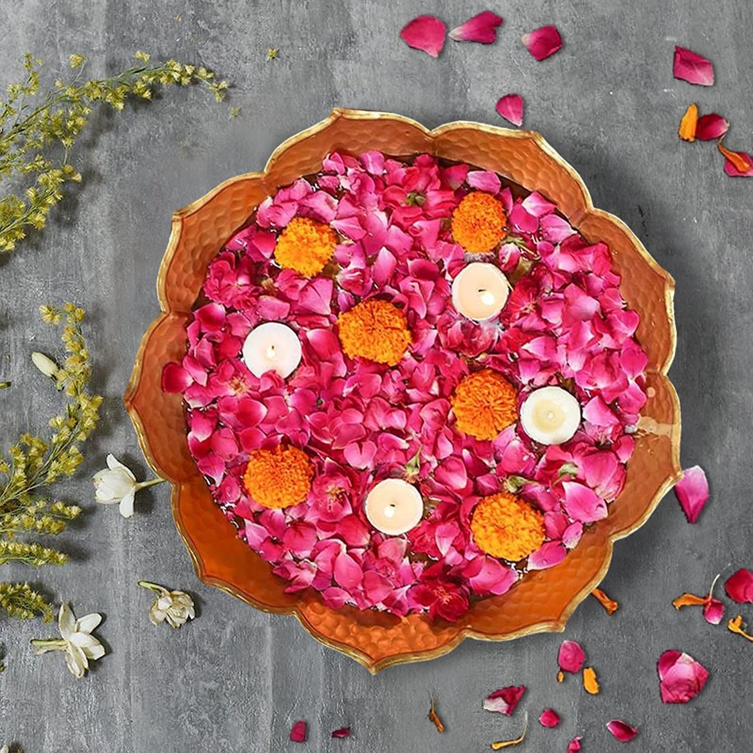 Sanias Treasure - Puja Decoration Items for Home, Brass Bowl for Water Floating Flowers Pot, Traditional Lotus Urli Bowl Tealight Candle Holder