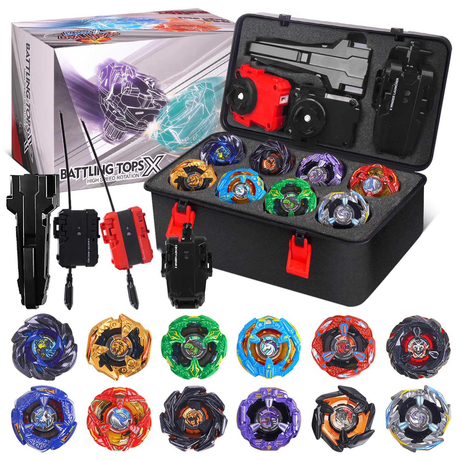 Juego de X Peonzas de Batalla, 12 Juguetes giratorios con 3 lanzadores, 1 Agarre y Estuche de Almacenamiento portátil | Regalo de Juego de Arena giroscópica para niños y niñas de 6 años