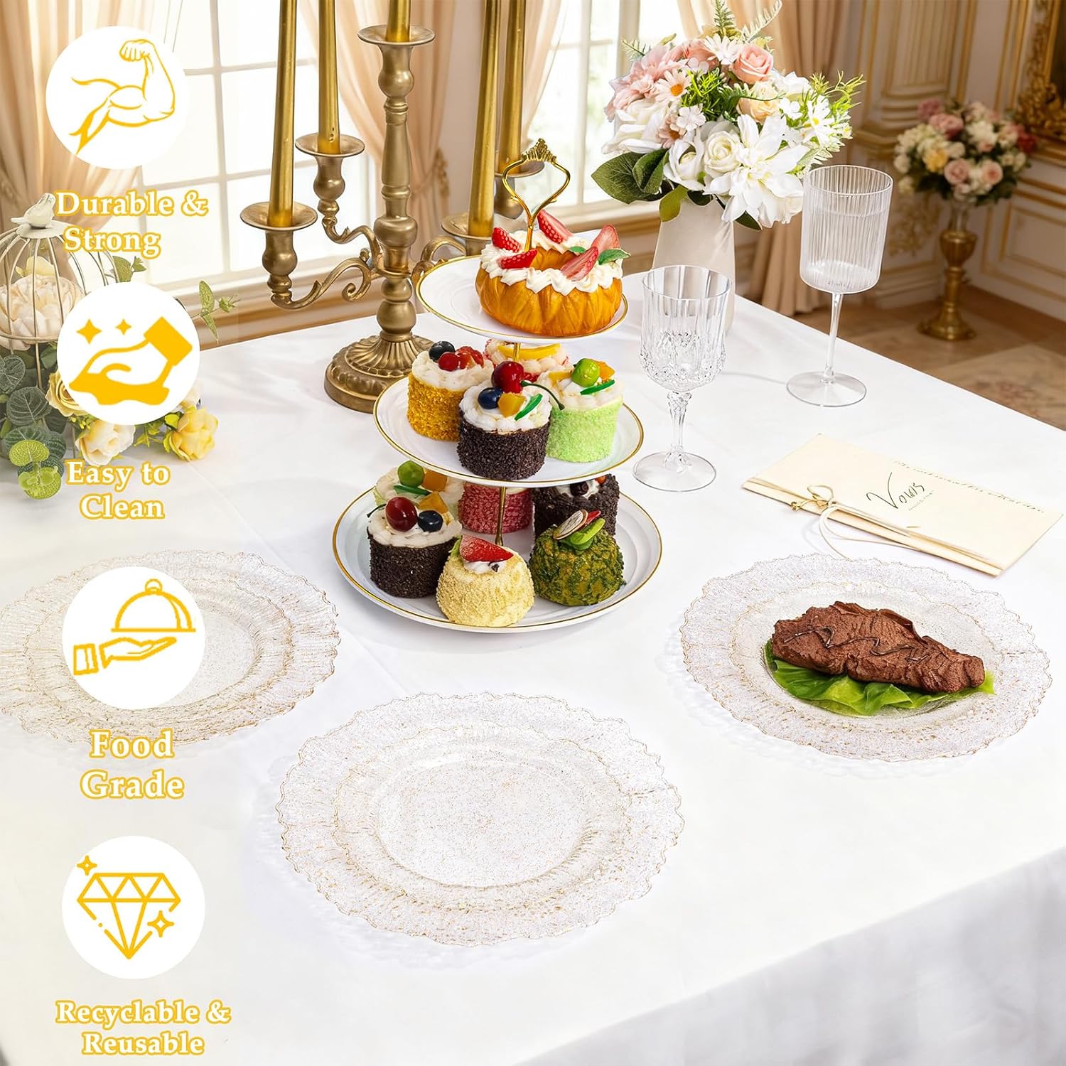 I00000 60 Pcs Gold Glitter Plastic Plates, Gold Disposable Party Plates, Premium Clear Plastic Plate Disposable Include 30 Dinner Platos 10" & 30 Dessert Platos 7" Perfect for Wedding & Party