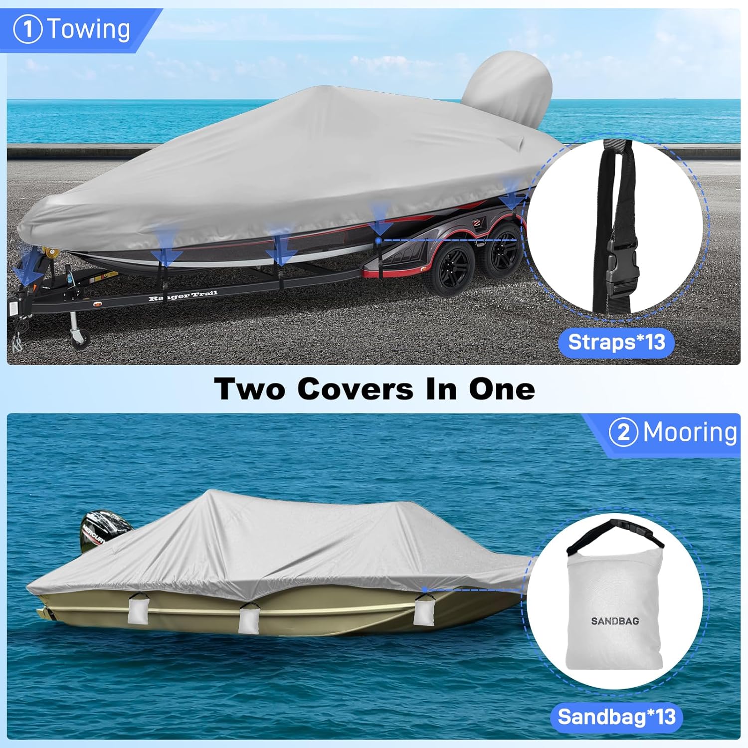Boat Cover 17-19ft, Bass Tracker Boat Cover with Sand Bag Mooring Kit, 1200D Marine Canvas Waterproof Heavy Duty Boat Covers for 17 feet 18ft 19' Foot V Hull Bass & Runabout Boat,Gray