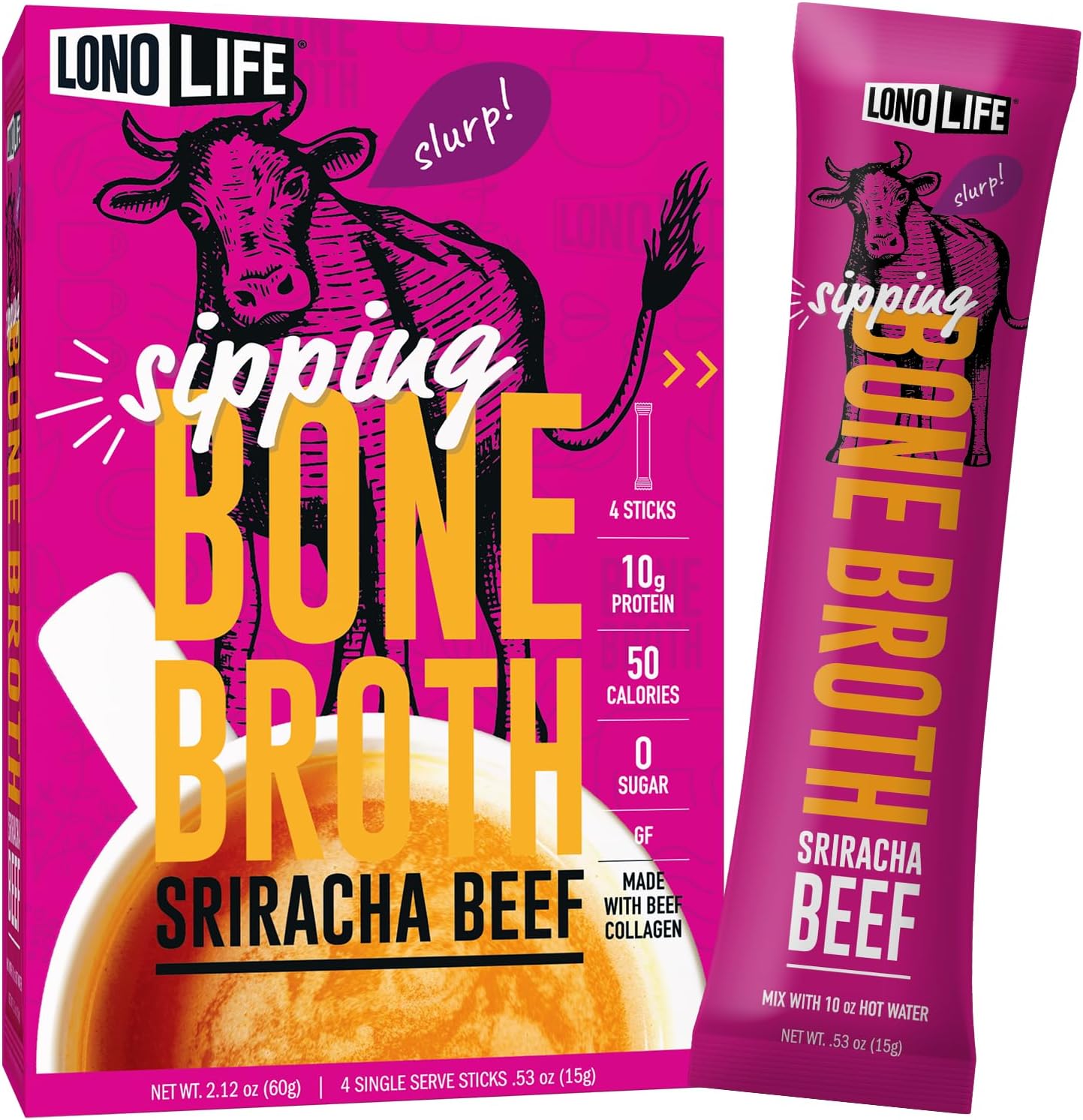LonoLife Sriracha Beef Bone Broth Powder Mix | Grass-Fed, 10g Protein | Collagen-Rich, Keto & Paleo Friendly | Natural Ingredients | 4 Portable Stick Pack Servings