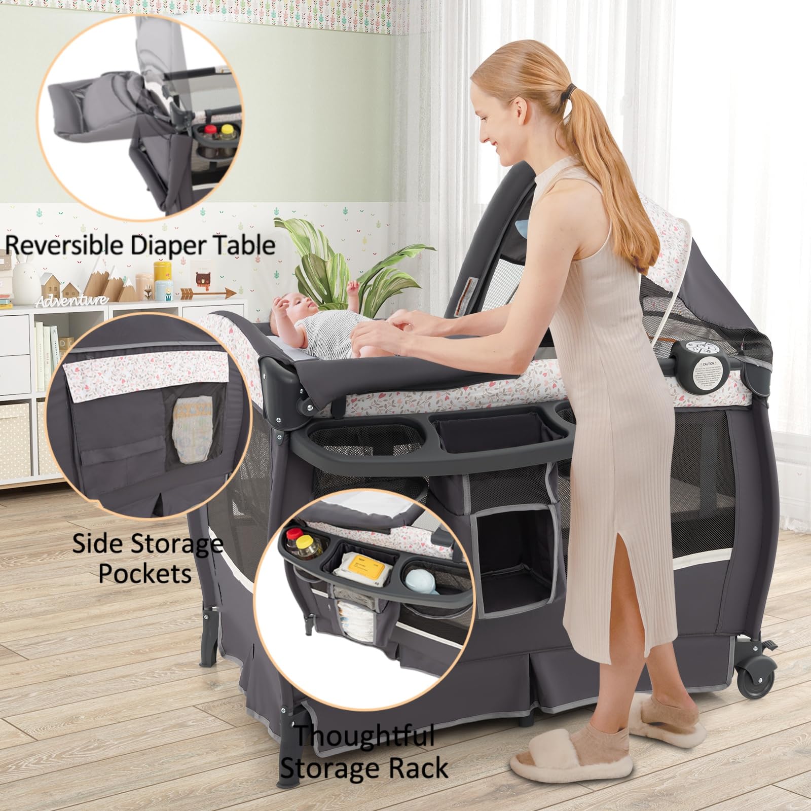 LIFEZEAL Cuna Bebe Plegable con Colchón, Cuna Colecho con Juguetes Montessori y Reproductor de Música, Bebe Bed con Cambiador y Ruedas, Carga 15 kg