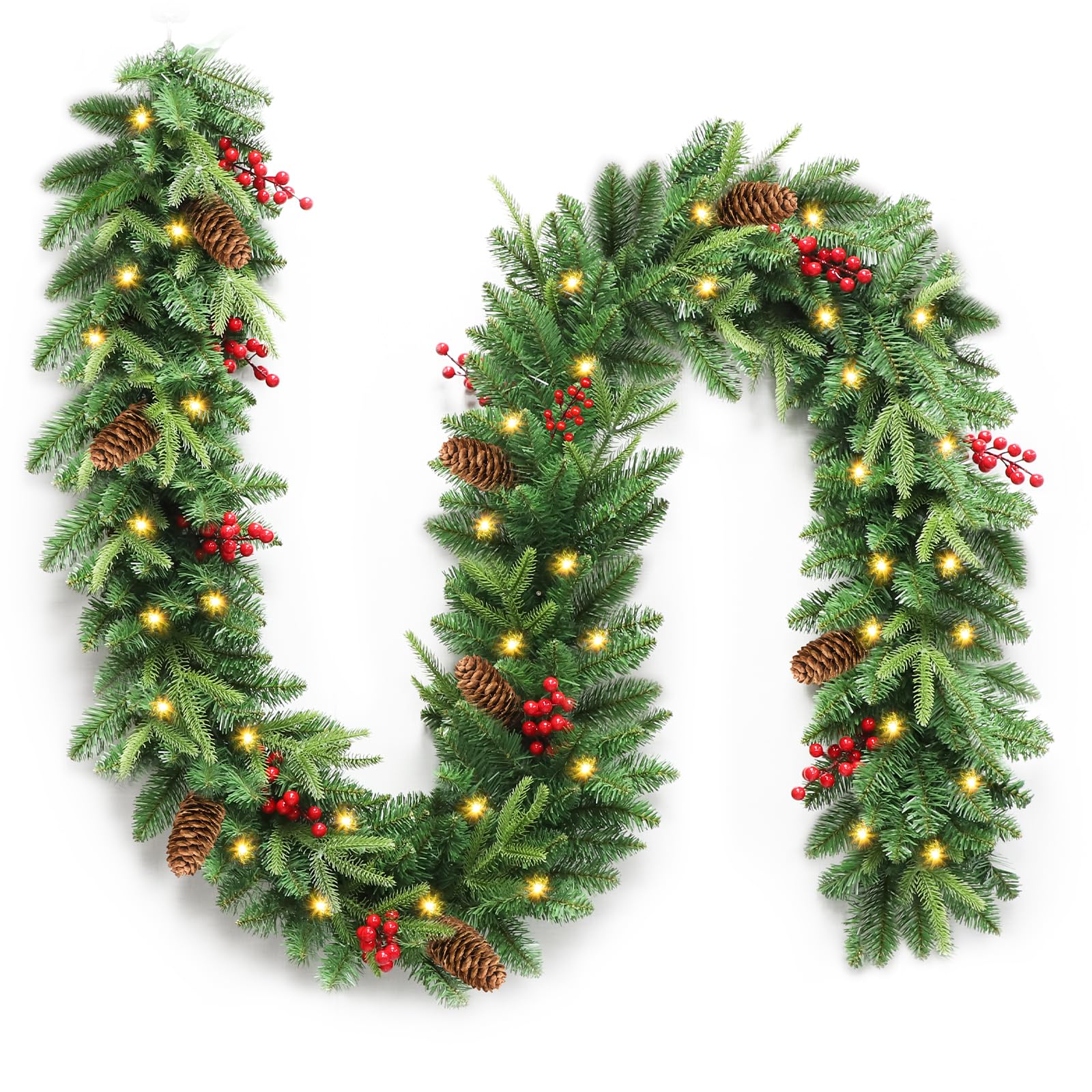 Guirlande de Noël 2,7 M, Rintea Guirlande Sapin Artificiel avec Lumières 30 LED, Étanche Couronne de Noel, Decoration de Noël pour Jardin Mur Cheminée Escalier Sapin de Noel