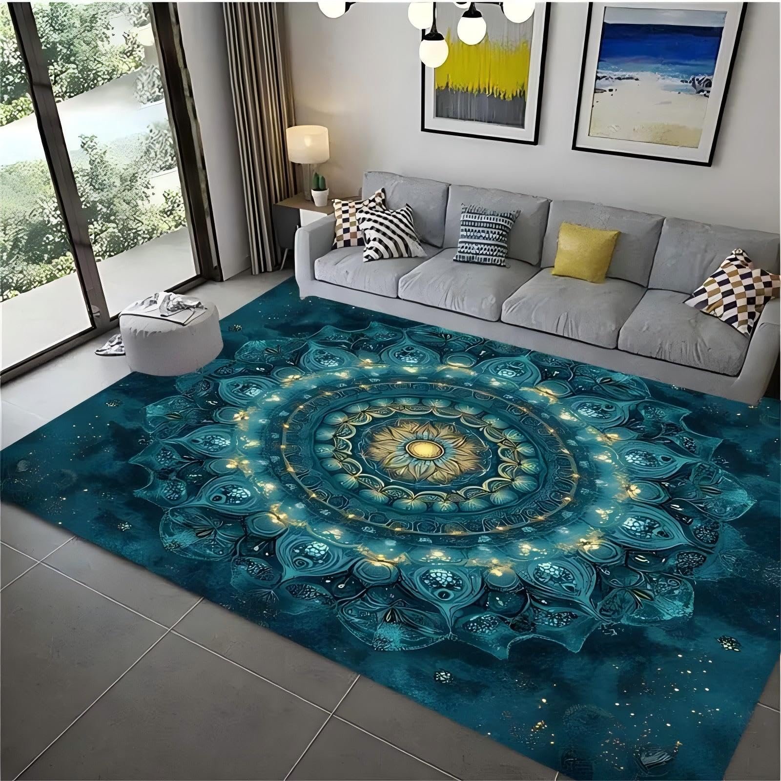 Modern Mandala Print Rug, 180x300cm 3D Starry Blue Large Stylish Floral Rug, Vintage Tribal Ethnic, Non-Slip, Machine-Washable Rugs Soft Durable Non-Shedding Floor Carpet Mat for The Living Room