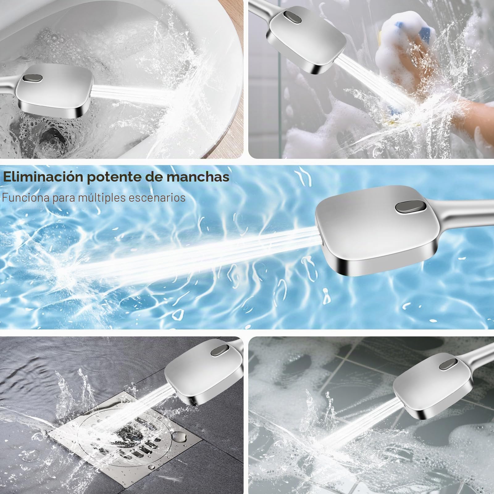 HNOOM Kit de Ducha Completo - Alcachofa de Ducha Alta Presión 120mm + Manguera Ducha 1.5m + Soporte Sin Taladro, 8 Modos, Ahorro de Agua, Antical, Universal para Baño y Limpieza（Plateado）
