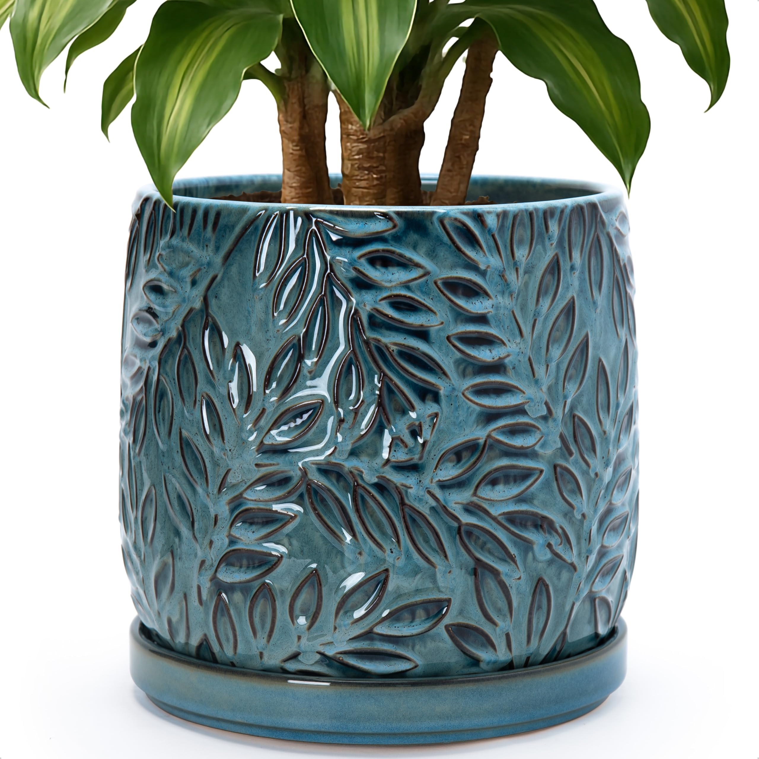 D'vine Dev 10 Inch Embossed Leaves Stoneware Planter