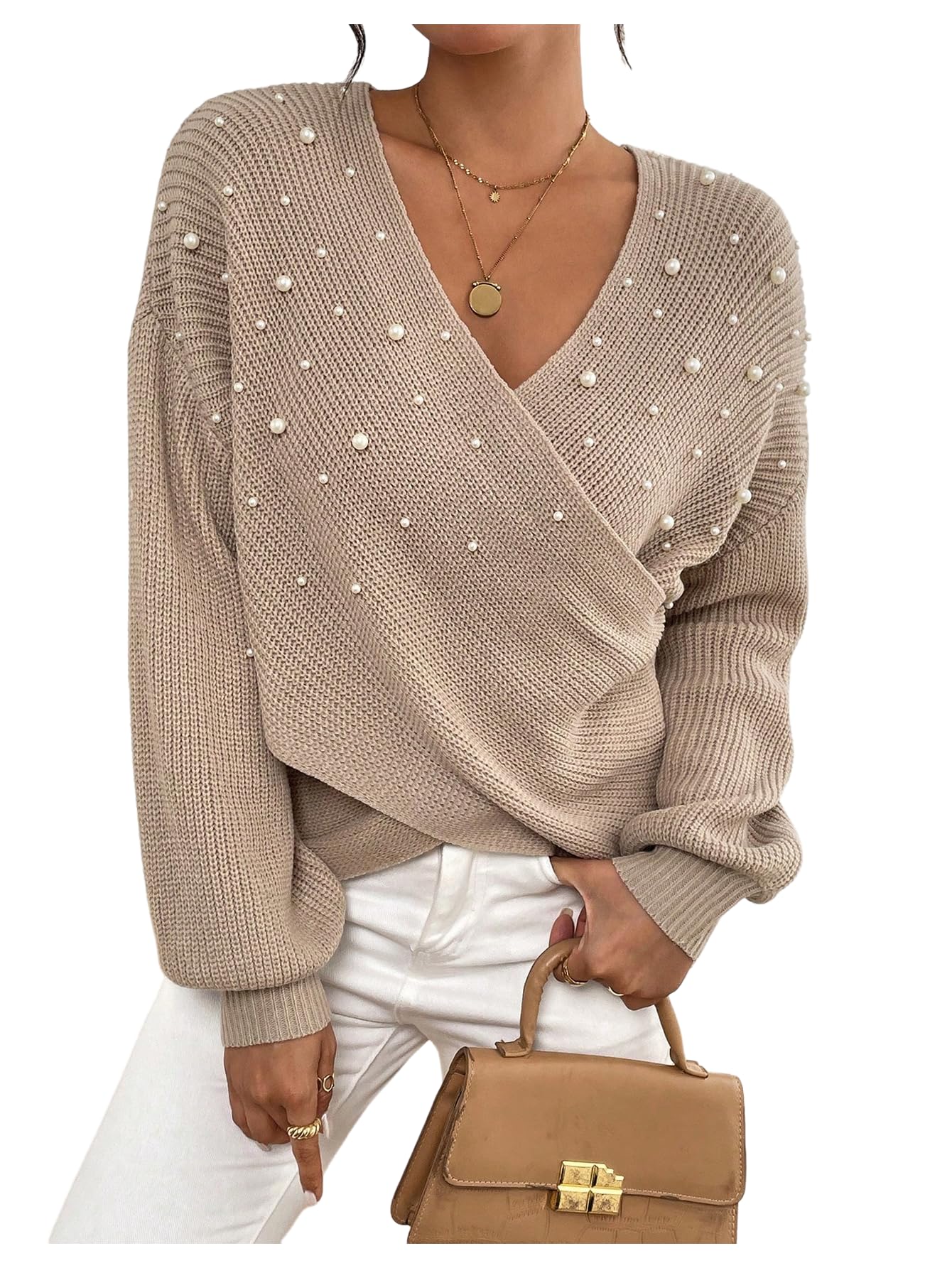 MakeMeChic Womens Pearl Wrap Sweater Long Sleeve Knit Pullover Holiday Sweaters