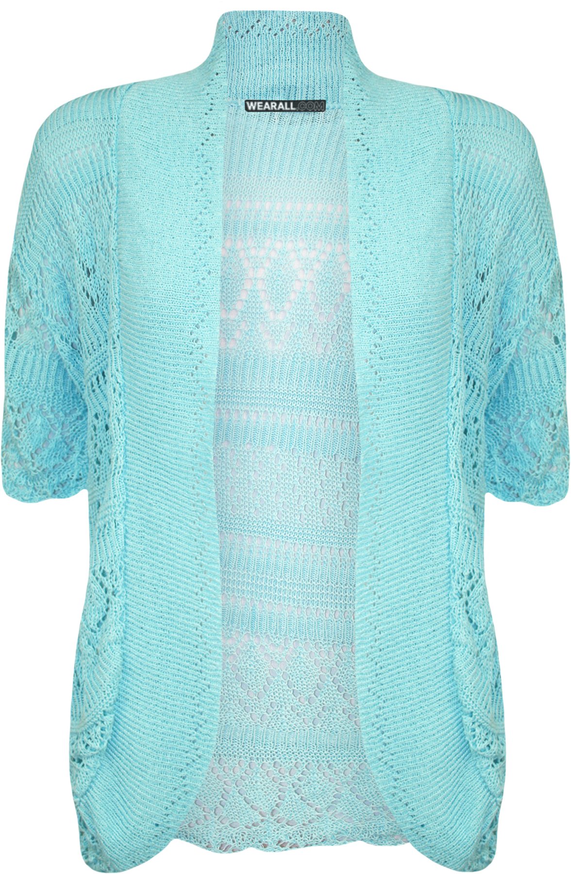 WearAll Plus Size Womens Crochet Knitted Short Sleeve Ladies Shrug Cardigan Top - Aqua - 24-26