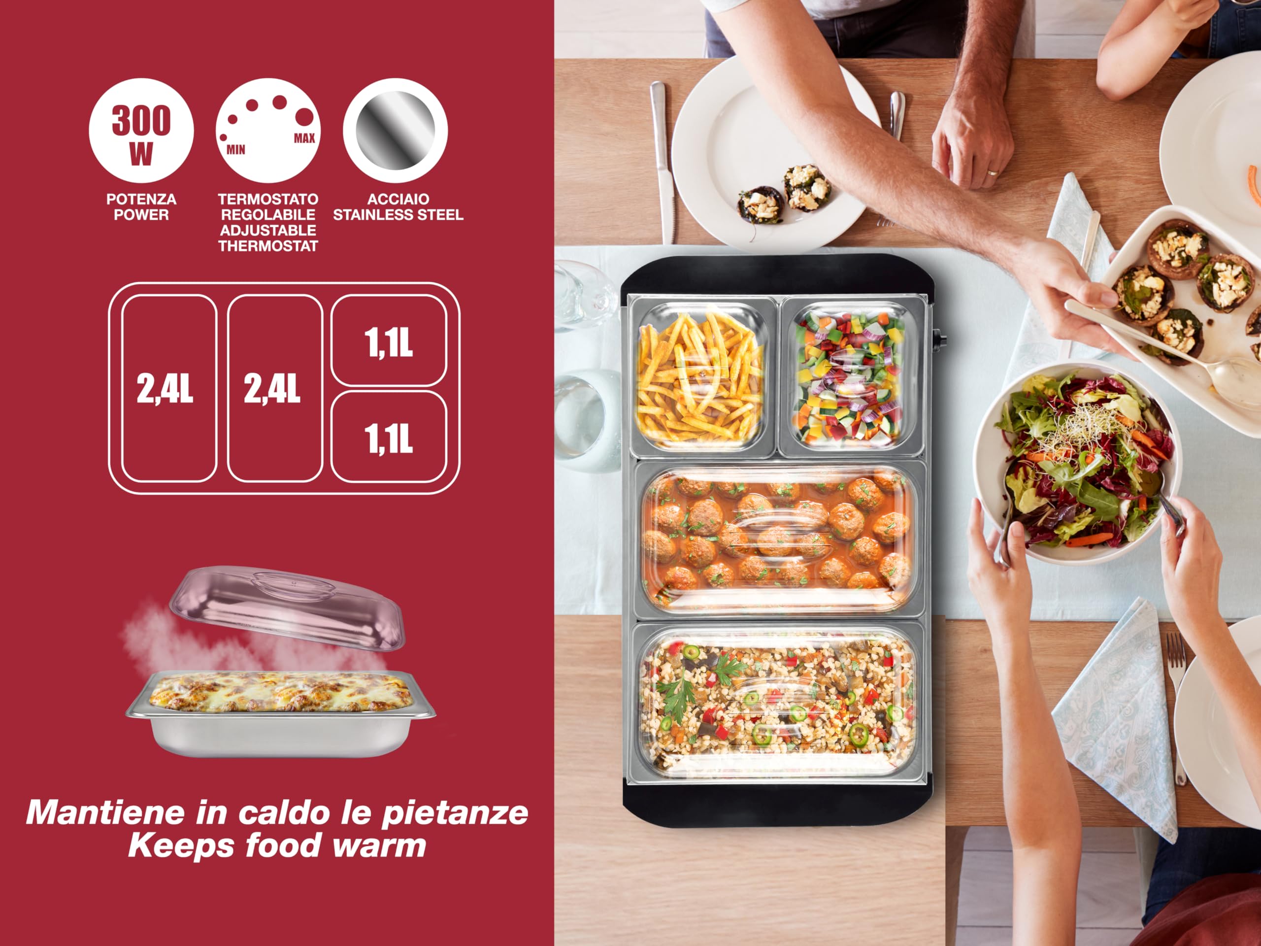 BEPER P101TEM002 Calentador de Buffet, Calentador de Comida, 4 Bandejas Extraíbles + Base de Placa Caliente, Termostato Ajustable y Asas Aislantes del Calor, Apto para Lavavajillas, Ideal para Fiestas