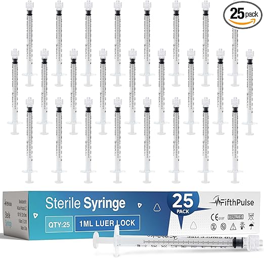 1 ml Syringe without Needle - 25 Pack of Individually Wrapped Disposable Syringes - Good for Medical, Scientific Lab, Home Use, and More - Sterile Luer Lock Syringes
