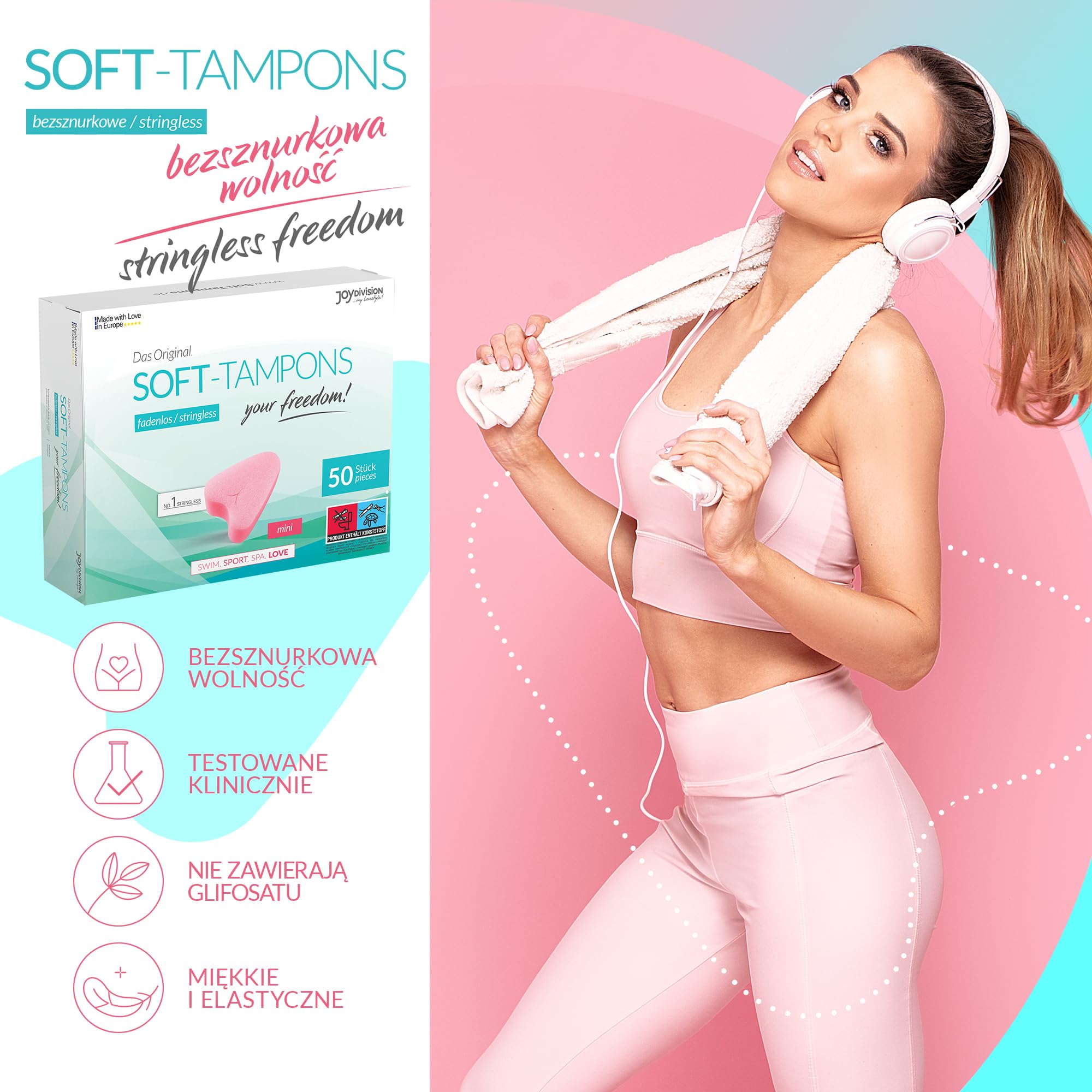 JOYDIVISION Soft-Tampons mini I 50 sztuk I Tampony bez sznurka do sportu, pływania i Spa I Gąbeczka menstruacyjna ultra soft I Łatwe wprowadzanie i usuwanie I Miękki tampon bez sznurka