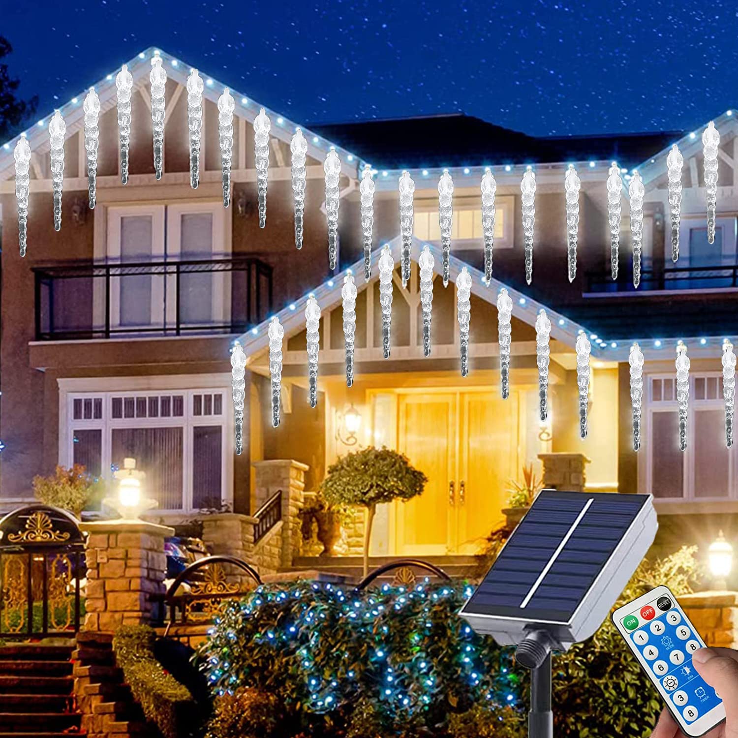Guirnalda de carámbanos LED solar, luces para exteriores, resistente al agua, lluvia de hielo, decoración interior, columna de hielo, 8 modos, iluminación navideña con mando a distancia (100