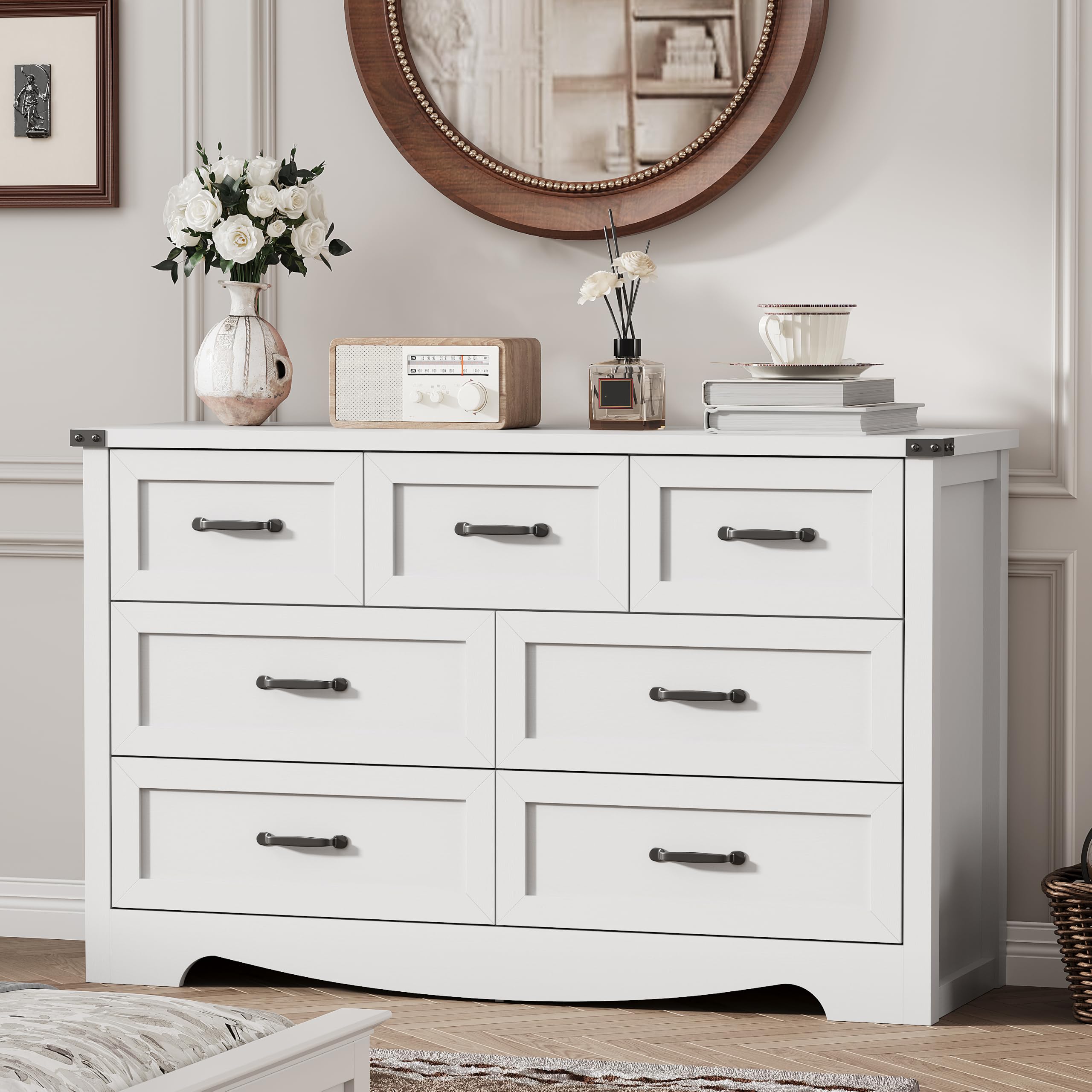 Dresser for Bedroom with 7 Drawers, 48" Wide Modern Chest of Drawers with Deep Drawers &amp; Mental Handle, Wood Dresser TV Stand, Wooden Closet Storage Organizer for Living Room, Hallway, Entryway, White