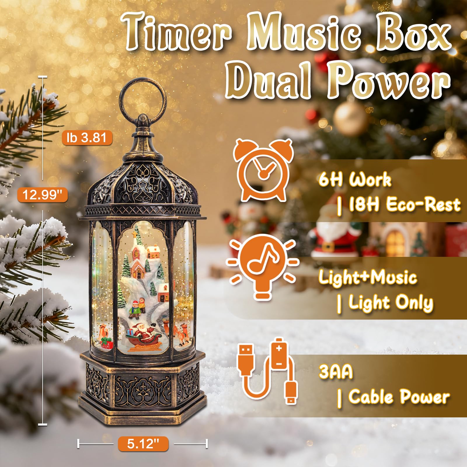 Weihnachts-Schneekugeln mit Musik, 6-Stunden-Timer, zylindrisch, blinkende Schneekugel, bronzefarbene Spieluhr mit 8 Liedern, glitzernde Schneeflocken, Dekoration, Geschenk